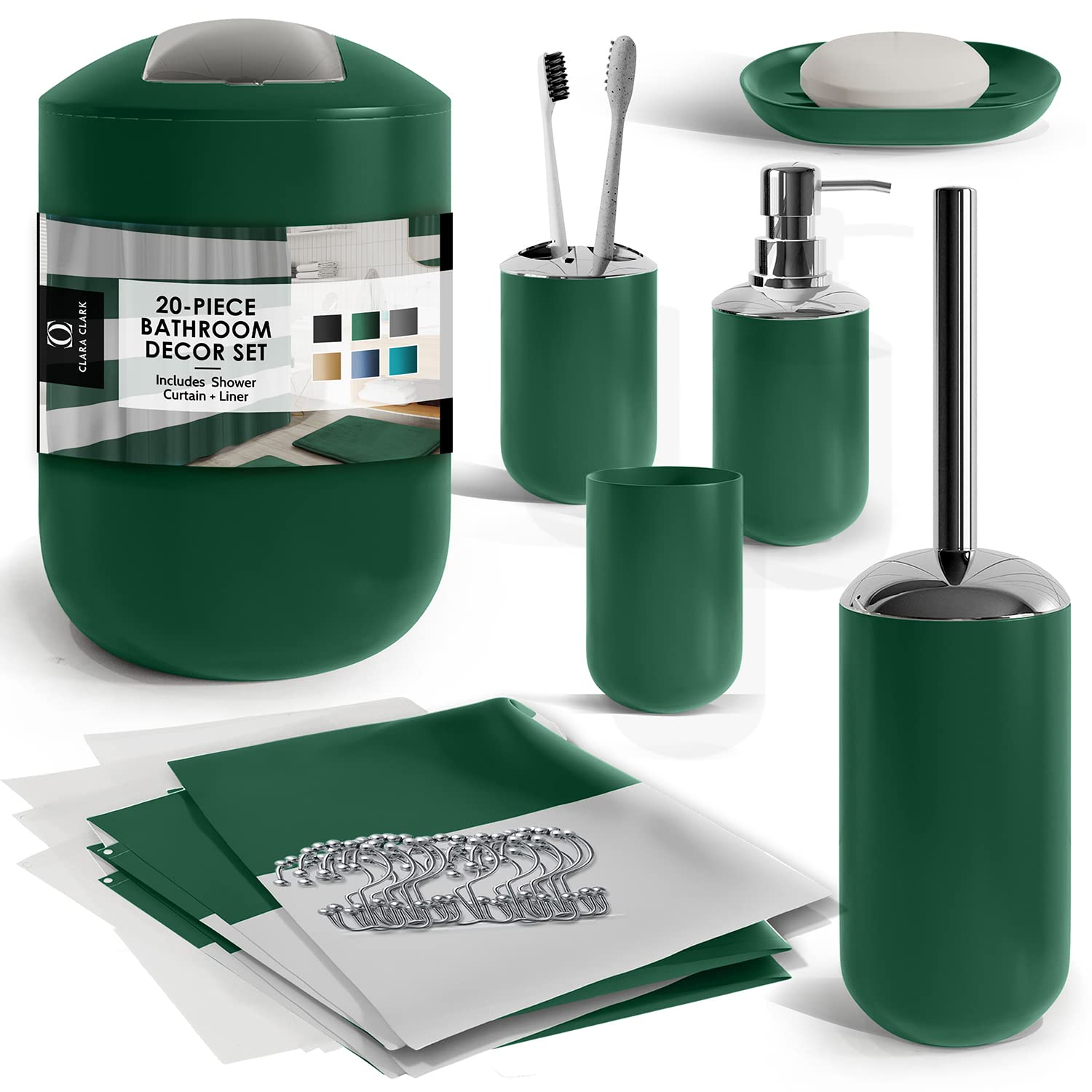 Clara Clark 20PC Green Bathroom Set - Shower Curtain, Toilet Brush & Accessories for Modern Bathrooms