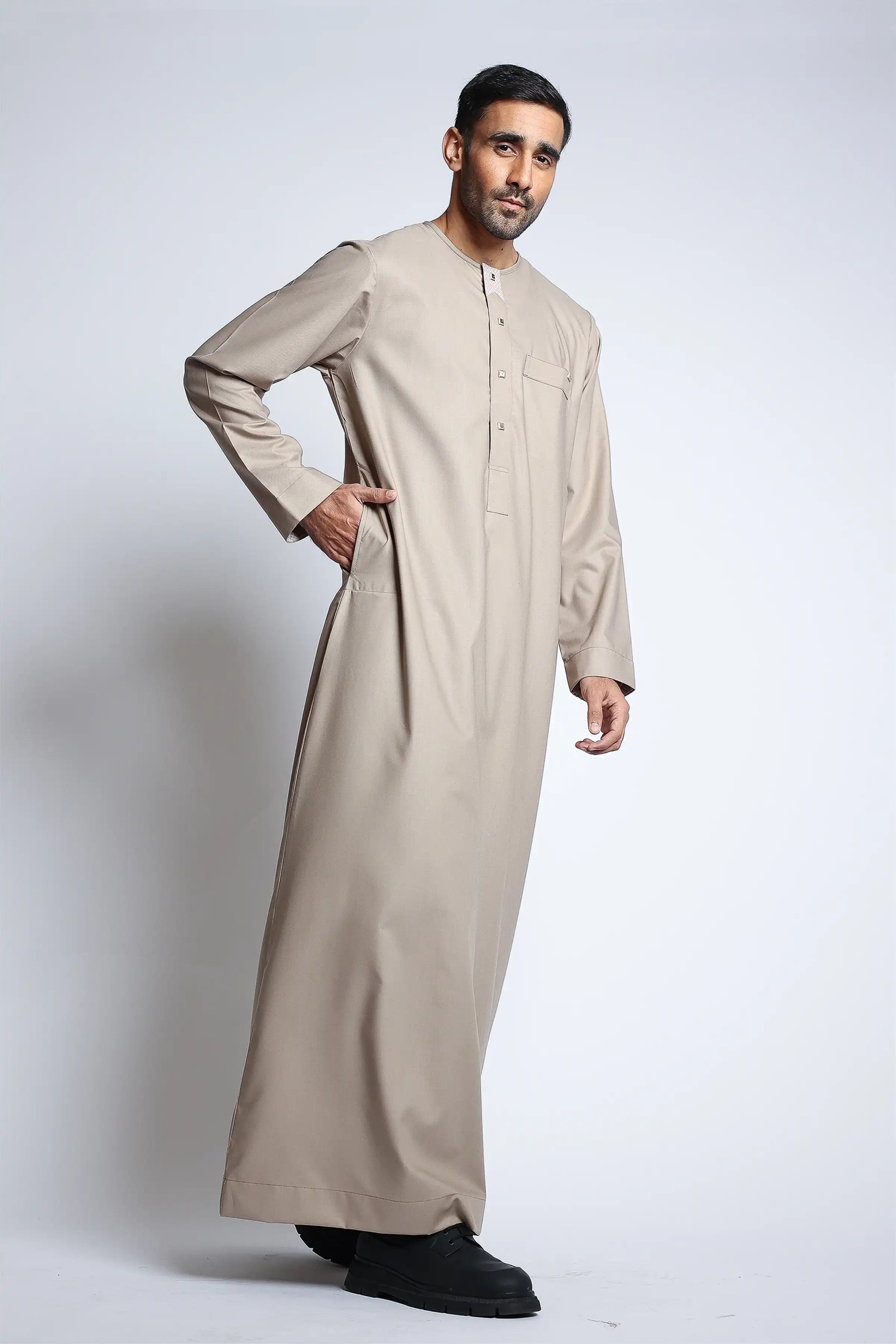 Premium J145 C1 Pearl Oyster Omani Thobe - Traditional Embroidered Arabic Dress for Men - Perfect for Eid, Weddings & Special Occasions