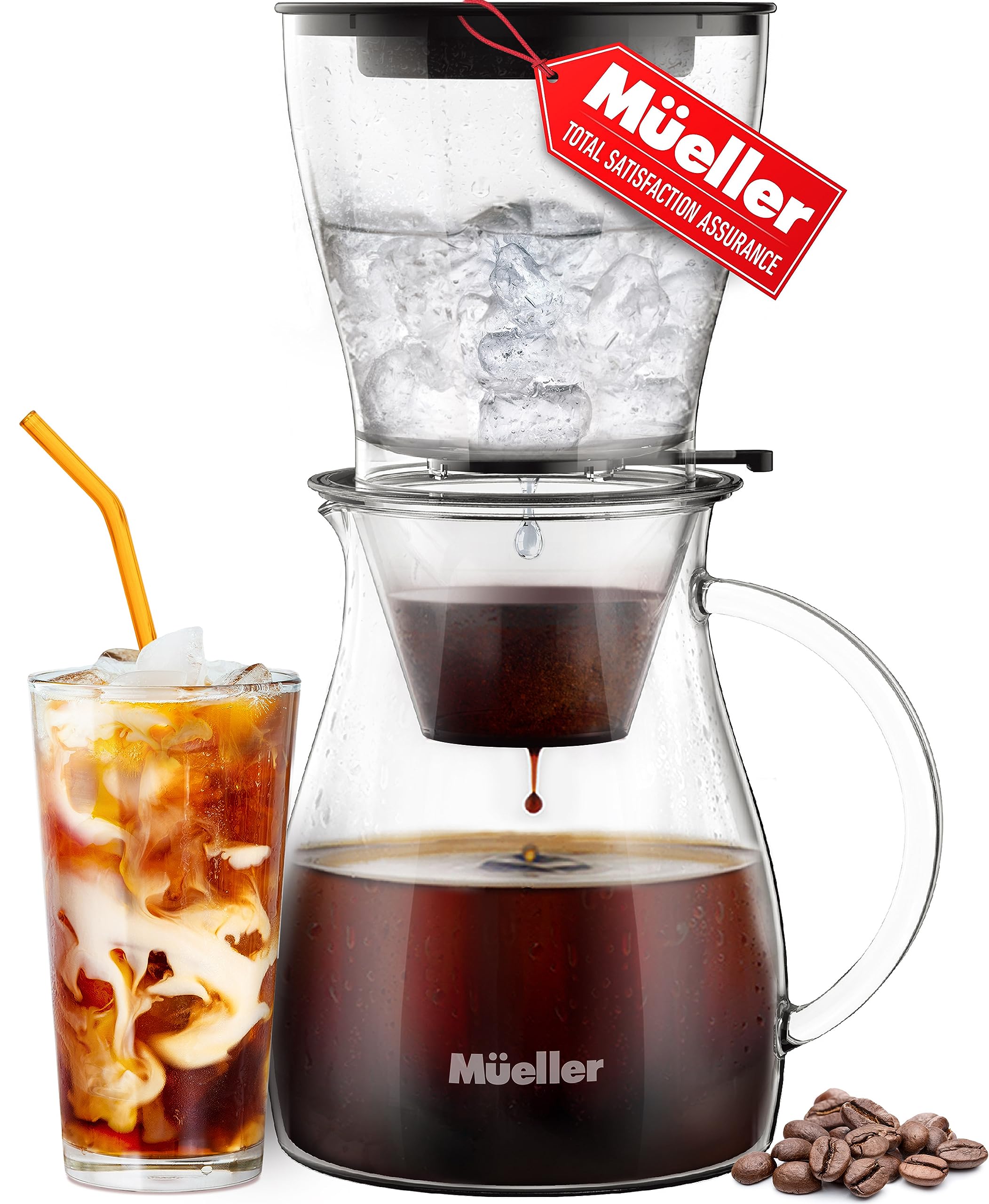 Mueller QuickBrew 47oz Cold Brew Coffee & Tea Maker with Adjustable Flow - Stainless Steel Filter & Borosilicate Glass Carafe - Perfect for Iced Coffee, Tea & Cold Brew at Home or Office