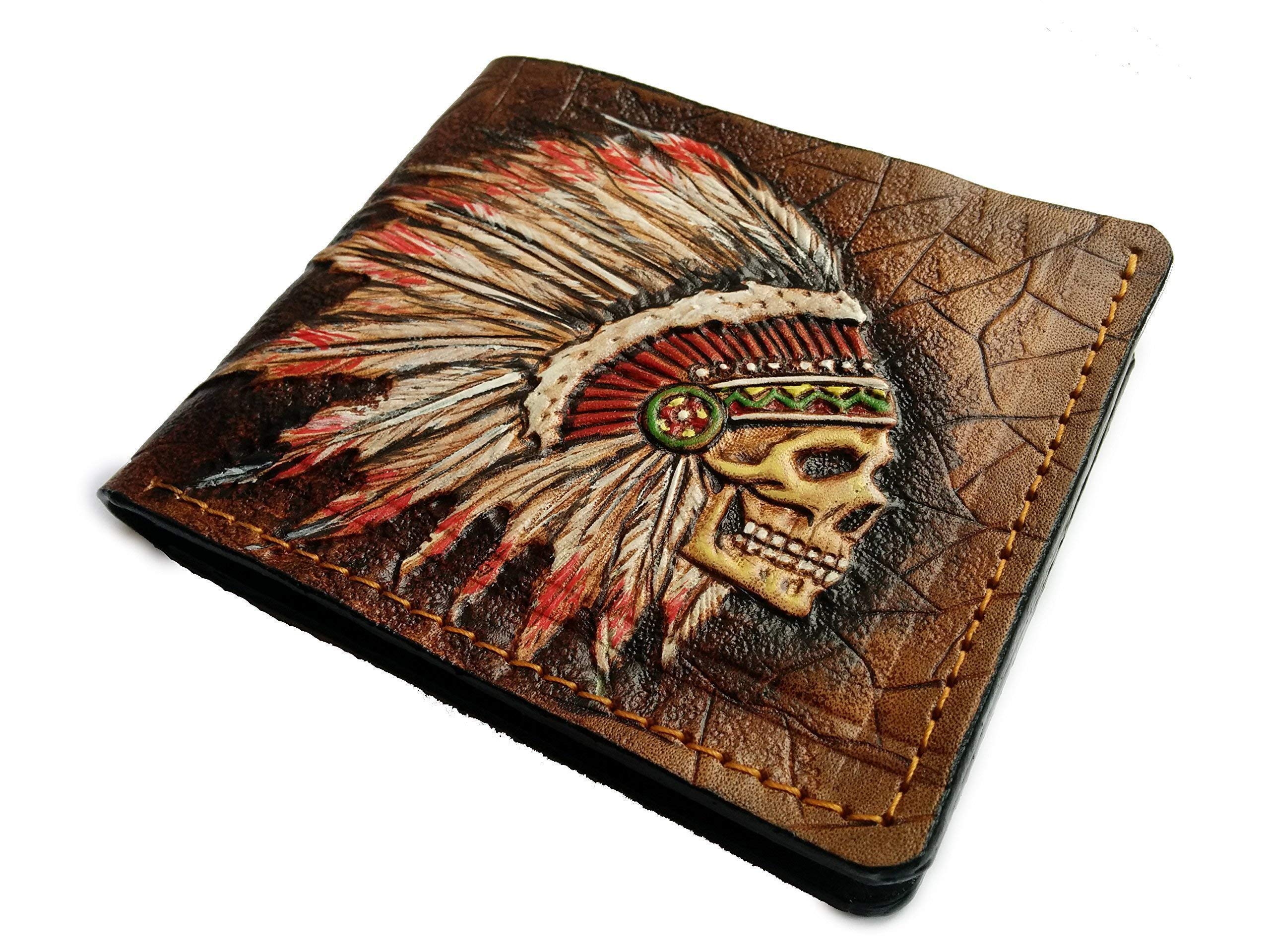 Patriotic Native American Indian Chief Skull RFID Bifold Wallet for Men - Genuine Leather Biker Wallet with Tribal Apache Skull & Feather Headdress Design - Handmade Embossed Leather Purse with Airbrush Art - Perfect for Motorcycle Riders, Gift Giving & Everyday Use