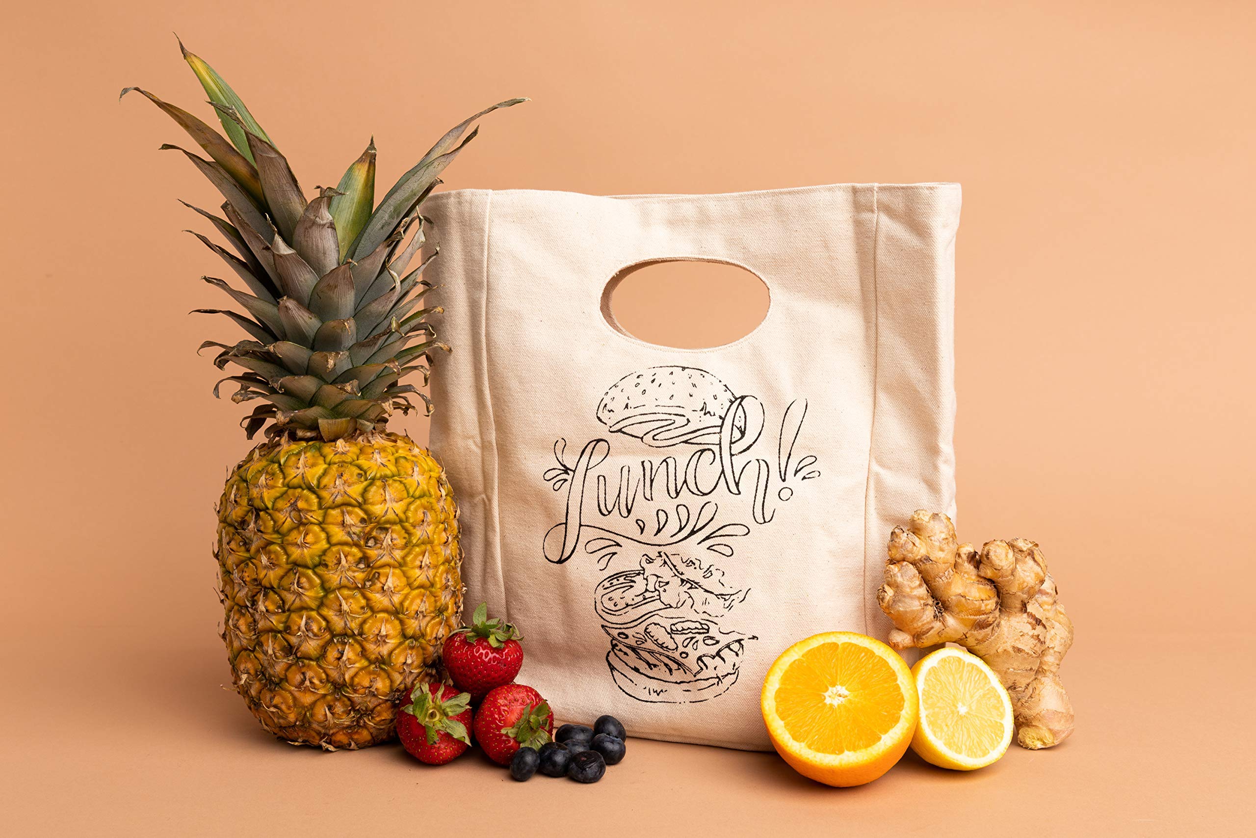 Organic Cotton Canvas Lunch Bag - Eco-Friendly & Machine Washable Reusable Lunch Tote for Men, Women & Kids - Water Resistant Easy Clean Food Container - Perfect for School, Work, Picnics & Outdoor Activities (White with Black Print - 2 Pack)