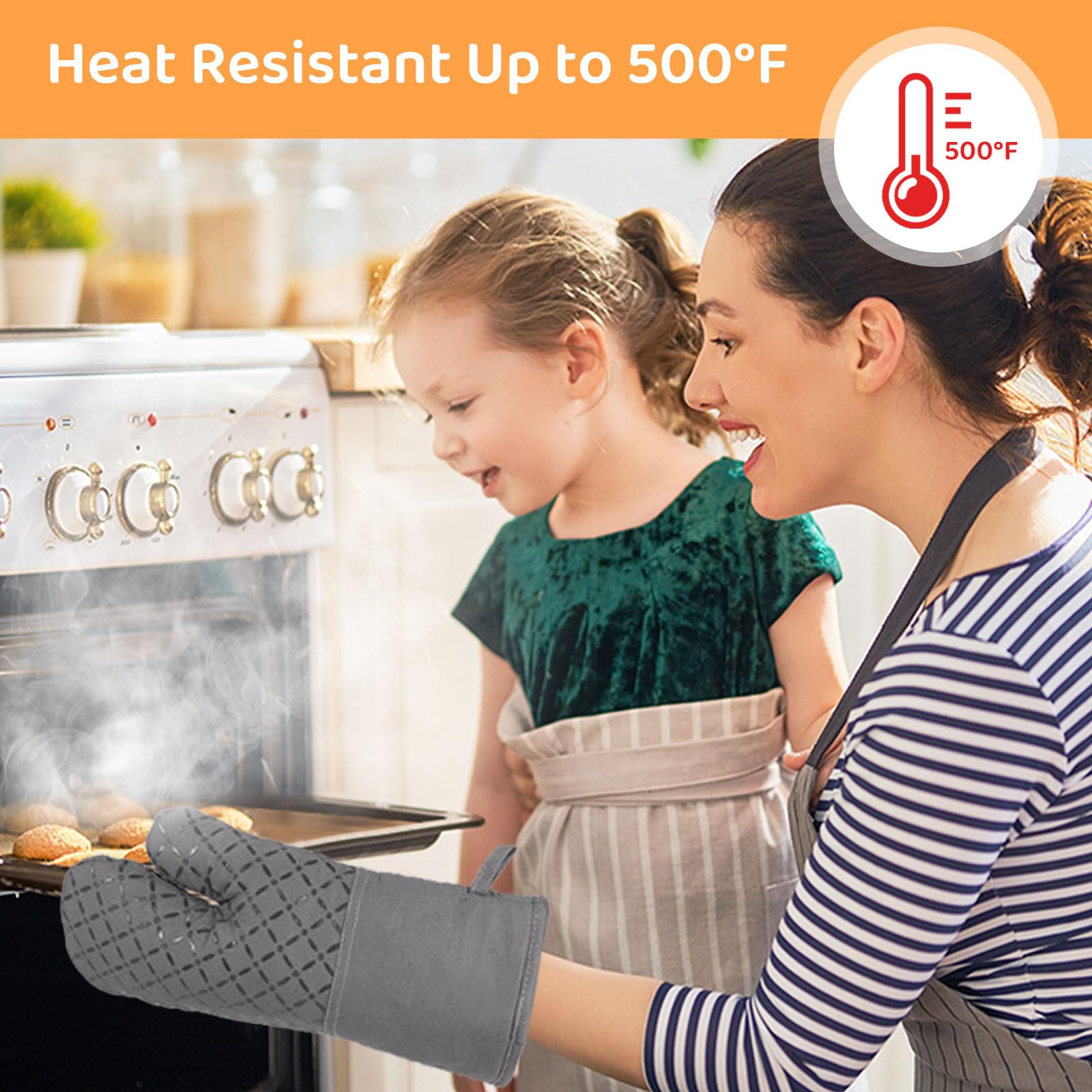 6Pcs Heat Resistant Oven Mitts and Pot Holders Set - 500°F Safe Baking Gloves with Soft Cotton Lining & Non-Slip Silicone Surface - Perfect for Cooking, Baking, BBQ and Kitchen Safety