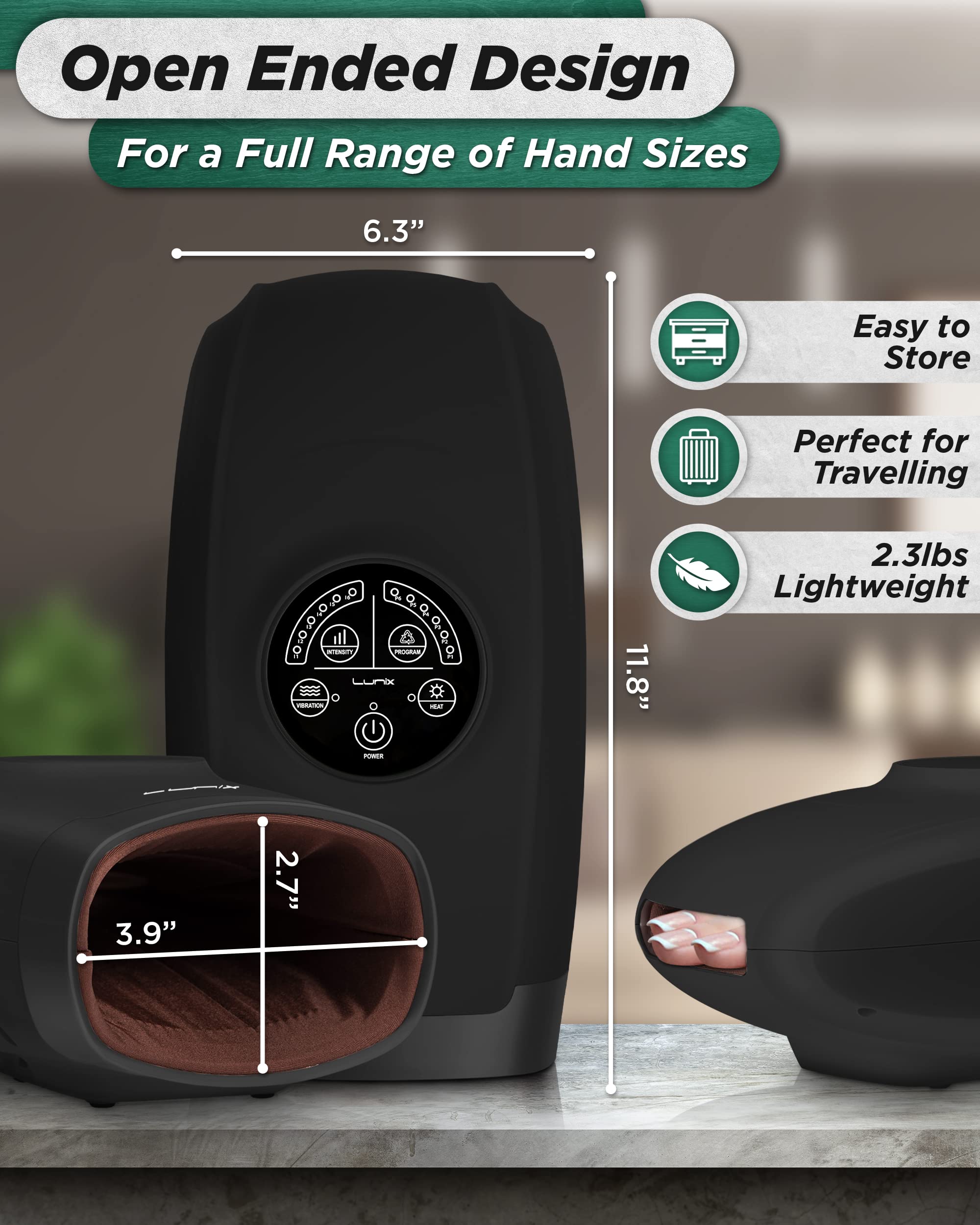Lunix LX3 Cordless Electric Hand Massager with Compression - 6 Levels Pressure Point Therapy for Arthritis Pain Relief, Carpal Tunnel & Finger Numbness - Shiatsu Massage Machine with Heat for Home, Office & Travel Use