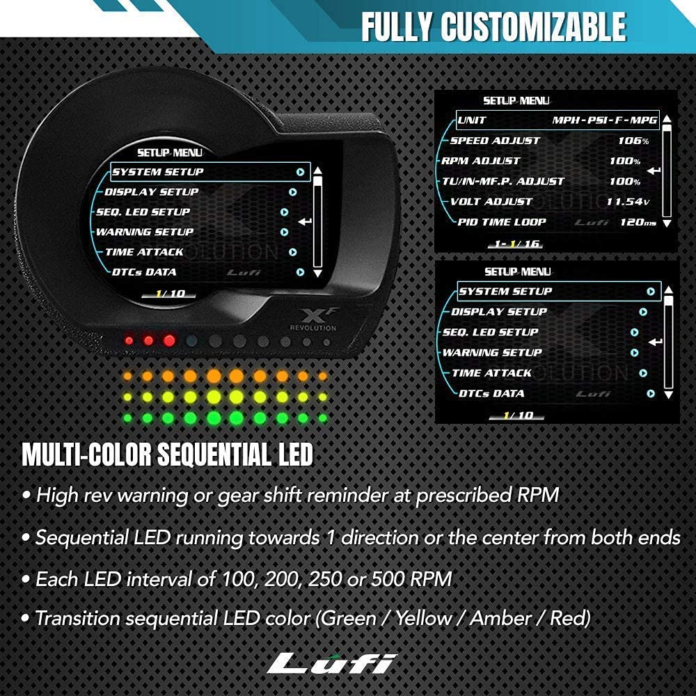 Lufi XF OBD2 Gauge Display - Multi-Function Car Data Monitor with Head Up Display - Fast Response & Highly Customizable - Compatible with Most Vehicles 2007+ (Excludes Boost/Transmission/Oil Temp/Pressure) - Perfect for Performance Tuning, Real-Time Monitoring & Driving Safety