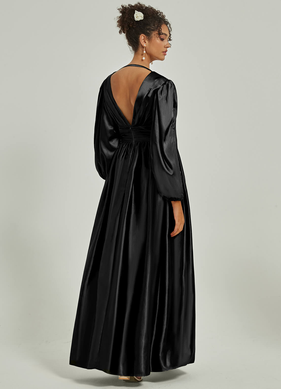 Elegant Black Satin Bridesmaid Dress with 3/4 Sleeves, V-Neck & Slit Pleated Design - Perfect for Weddings, Parties & Formal Events