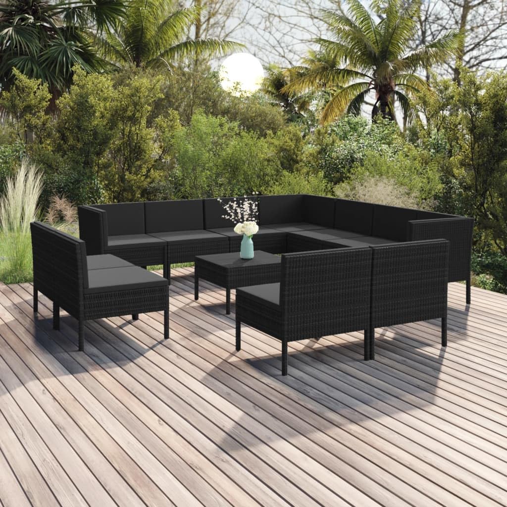 vidaXL 12-Piece Patio Lounge Set with Cushions - Black Poly Rattan Outdoor Garden Sofa Seating Furniture for Terrace, Backyard & Poolside Relaxation