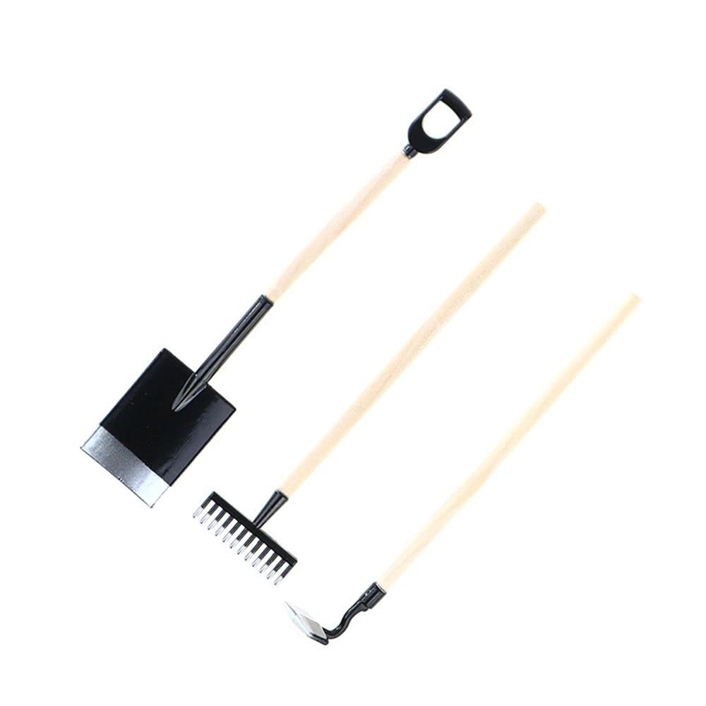 1:12 Scale Miniature Shovel & Hoe Set - Black Fairy Garden Decor, Tiny Farming Tools for Miniature Gardens & Dioramas - Perfect for Fairy Houses, Terrariums & DIY Craft Projects
