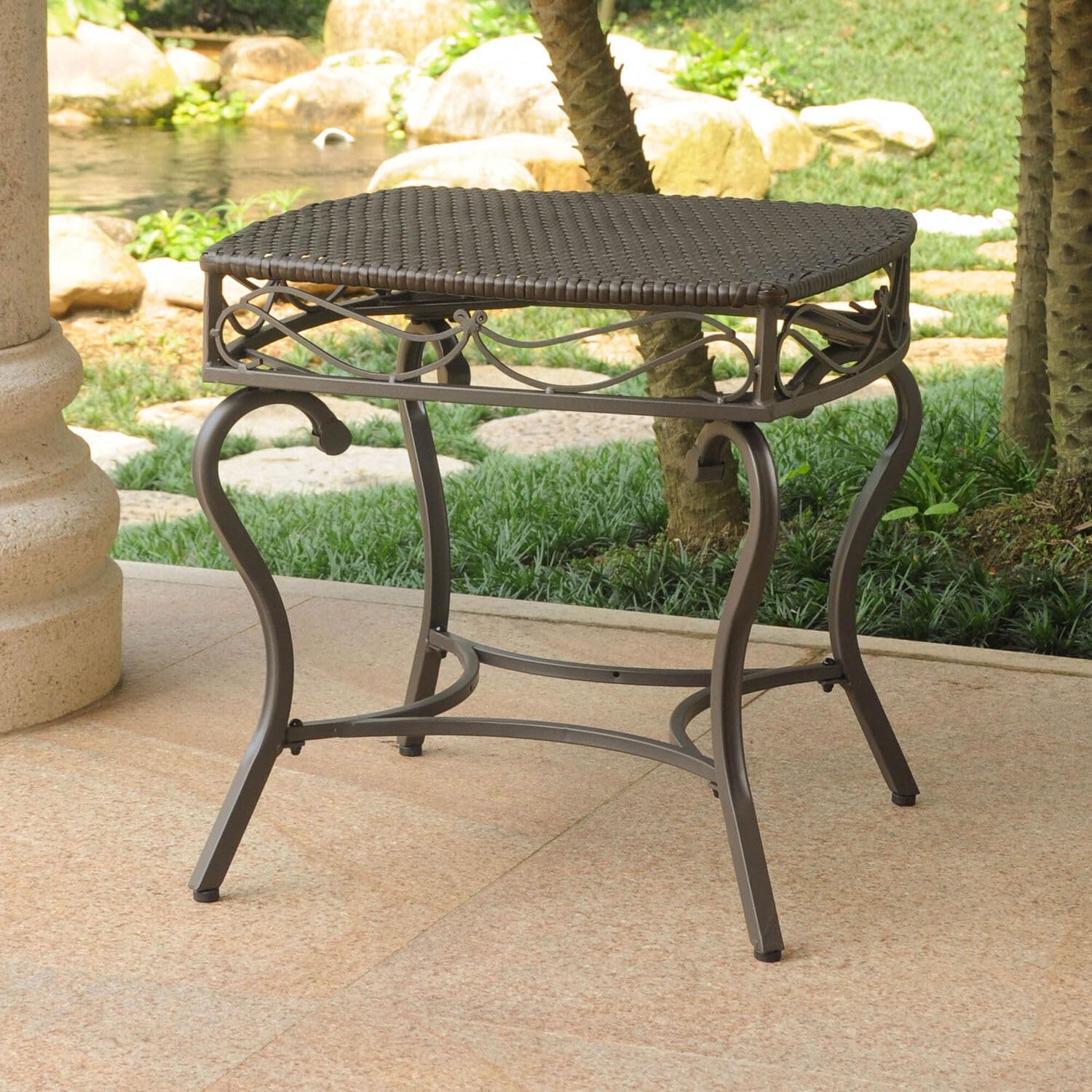 International Caravan 523697 Honey Yellow Wicker Resin & Steel Patio Side Table - Outdoor Garden, Poolside, or Balcony Furniture for Relaxing