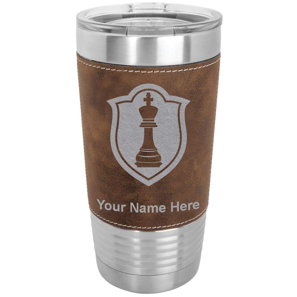 LaserGram 20oz Vacuum Insulated Stainless Steel Tumbler Mug with Personalized Engraving - Chess King Design, Faux Leather & Rustic Finish - Perfect for Coffee, Tea & Cold Drinks at Home, Office or Travel
