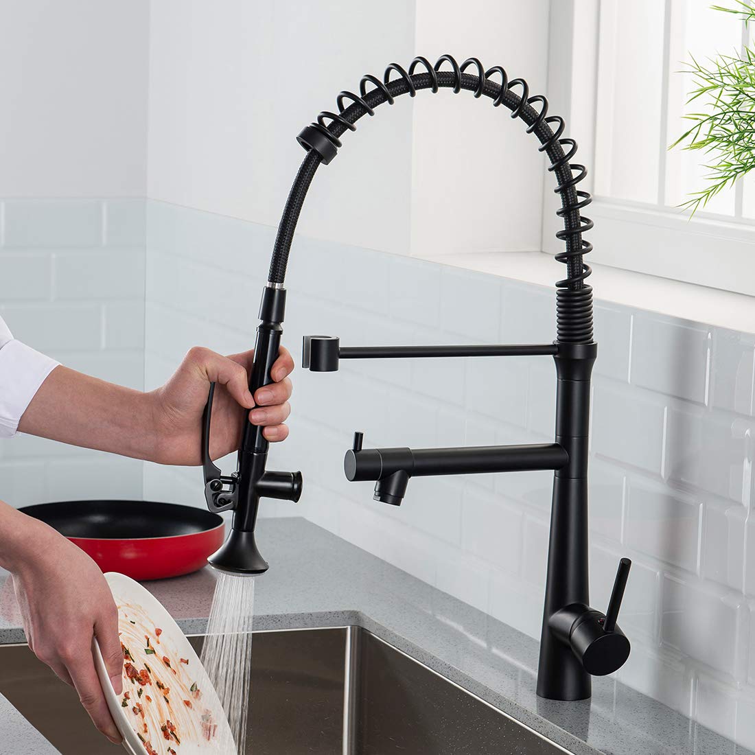 AIMADI Matte Black Commercial Kitchen Faucet with Pull Down Sprayer & LED Light - Single Handle Spring Sink Faucet for Restaurant, Home & Bar Use
