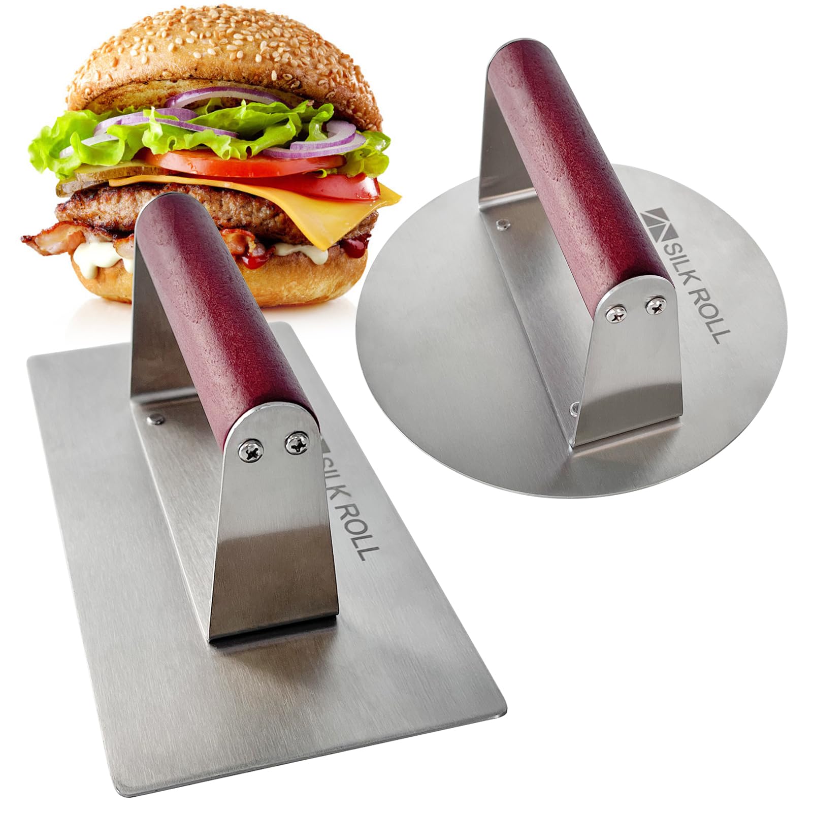 Premium Stainless Steel Burger Press Set - 8 Inch Bacon Press & 6.3 Inch Round Hamburger Smasher with Wood Handle, Heavy Duty Meat Press for Grill, BBQ, Smash Burgers, Bacon Up, Beef Patties - Perfect for Backyard Cookouts, Restaurant Use & Home Kitchen