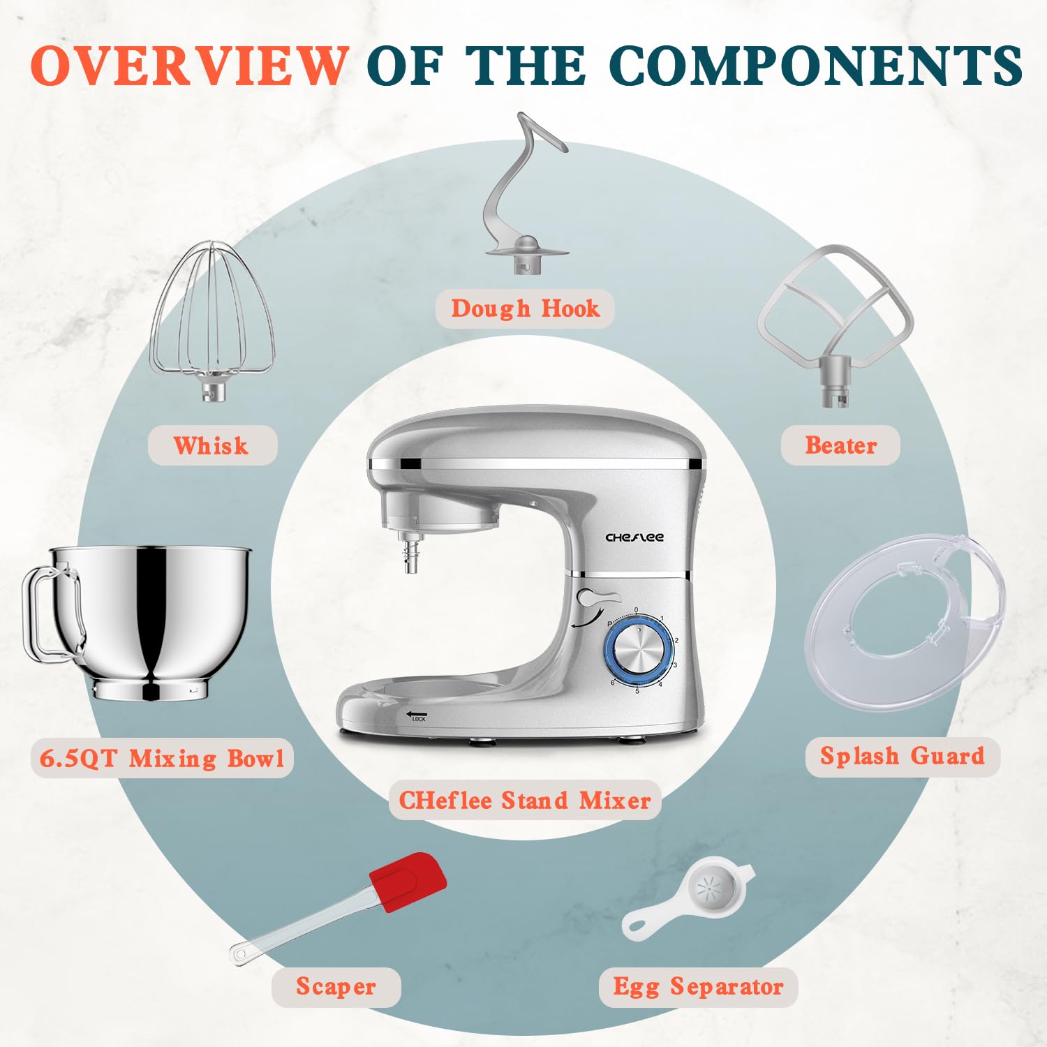 600W Stand Mixer by CHeflee - 6.5QT Stainless Steel Bowl with Dough Hook, Wire Whip & Beater - Powerful 6-Speed Kitchen Mixer for Baking, Whipping & Kneading - Perfect for Cakes, Cookies, Bread & Pizza Dough - Silver