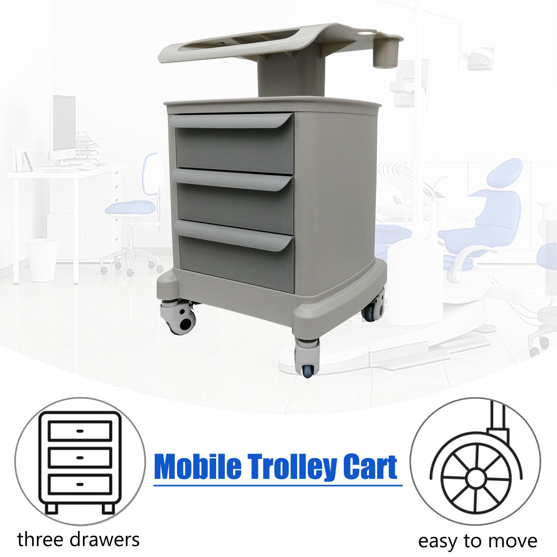 TECHTONGDA Mobile Ultrasound Cart with 3 Drawers - Portable Rolling Utility Trolley for Medical Equipment & Beauty Tools (66 LBS Capacity) - Perfect for Hospital, Office, Beauty Salon & Home Use