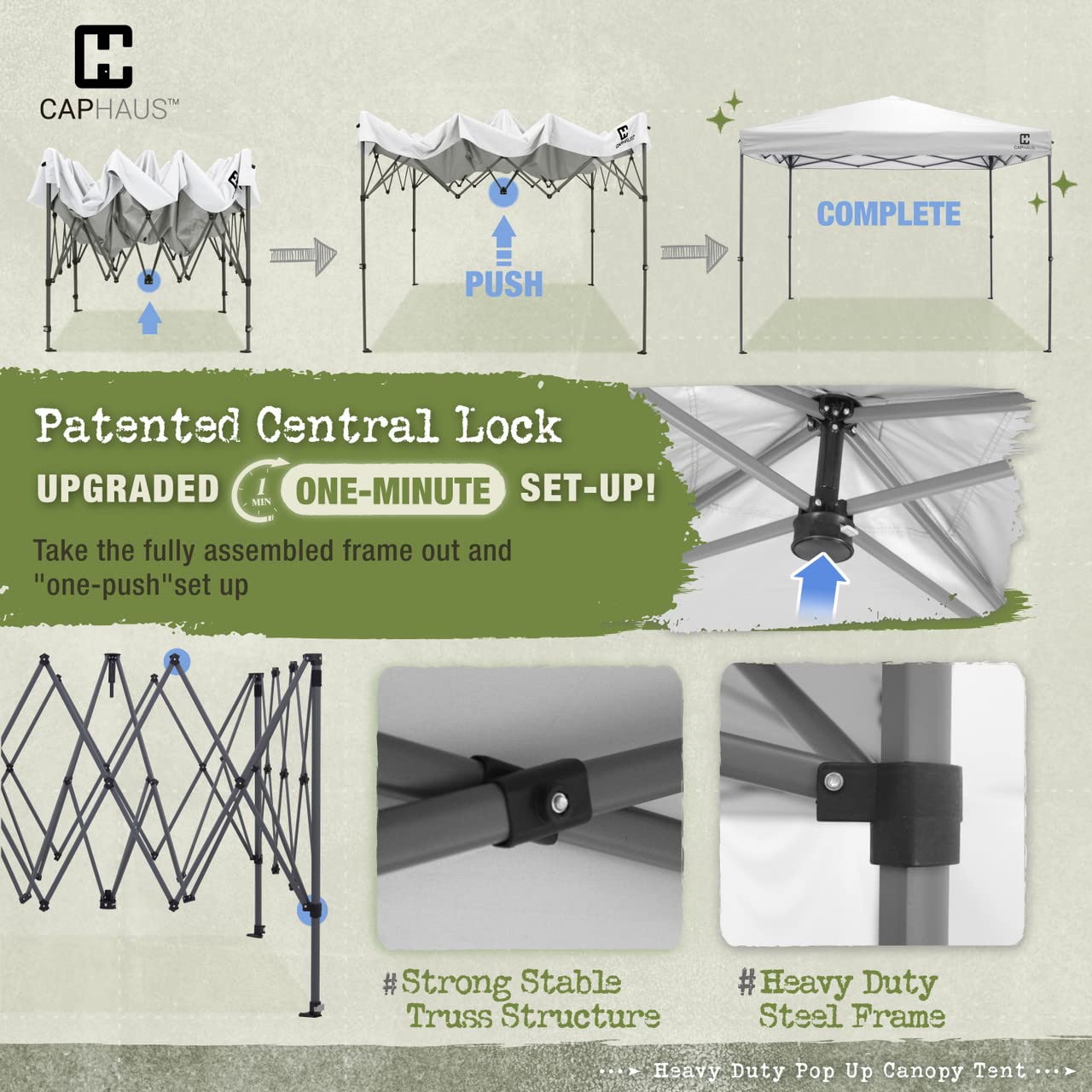 CAPHAUS 12x12ft Heavy Duty Commercial Pop Up Canopy Tent - One-Push Instant Setup, Central Lock System, Includes Wheeled Carry Bag & Weight Bag - Perfect for Outdoor Events, Farmers Markets, Beach & Backyard Parties (Dark Grey)