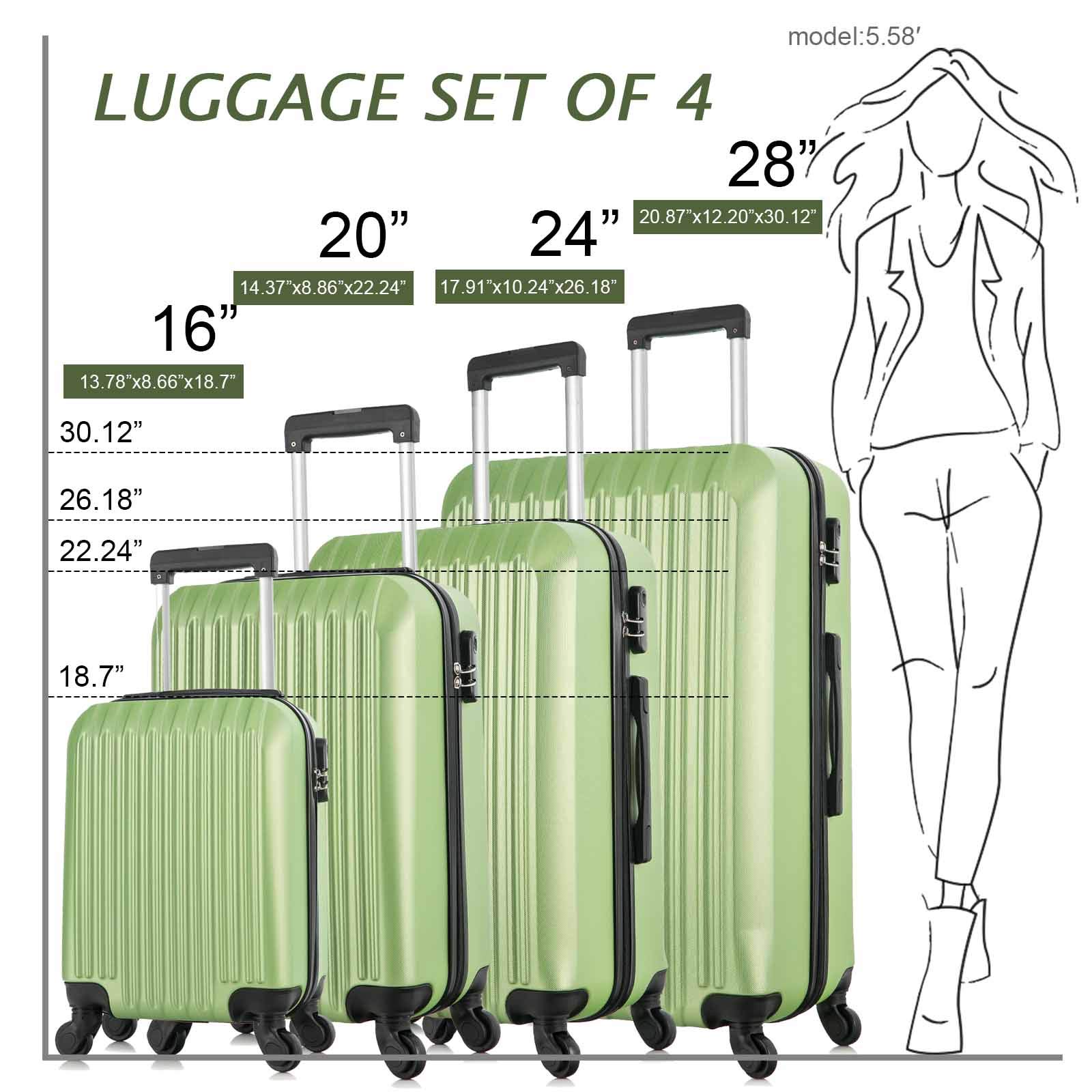 4-Piece Lightweight ABS Luggage Set with 360° Spinner Wheels - Durable 16/20/24/28 Inch Travel Suitcases in Green (1001-0147) - Perfect for Family Vacations, Business Trips & International Travel