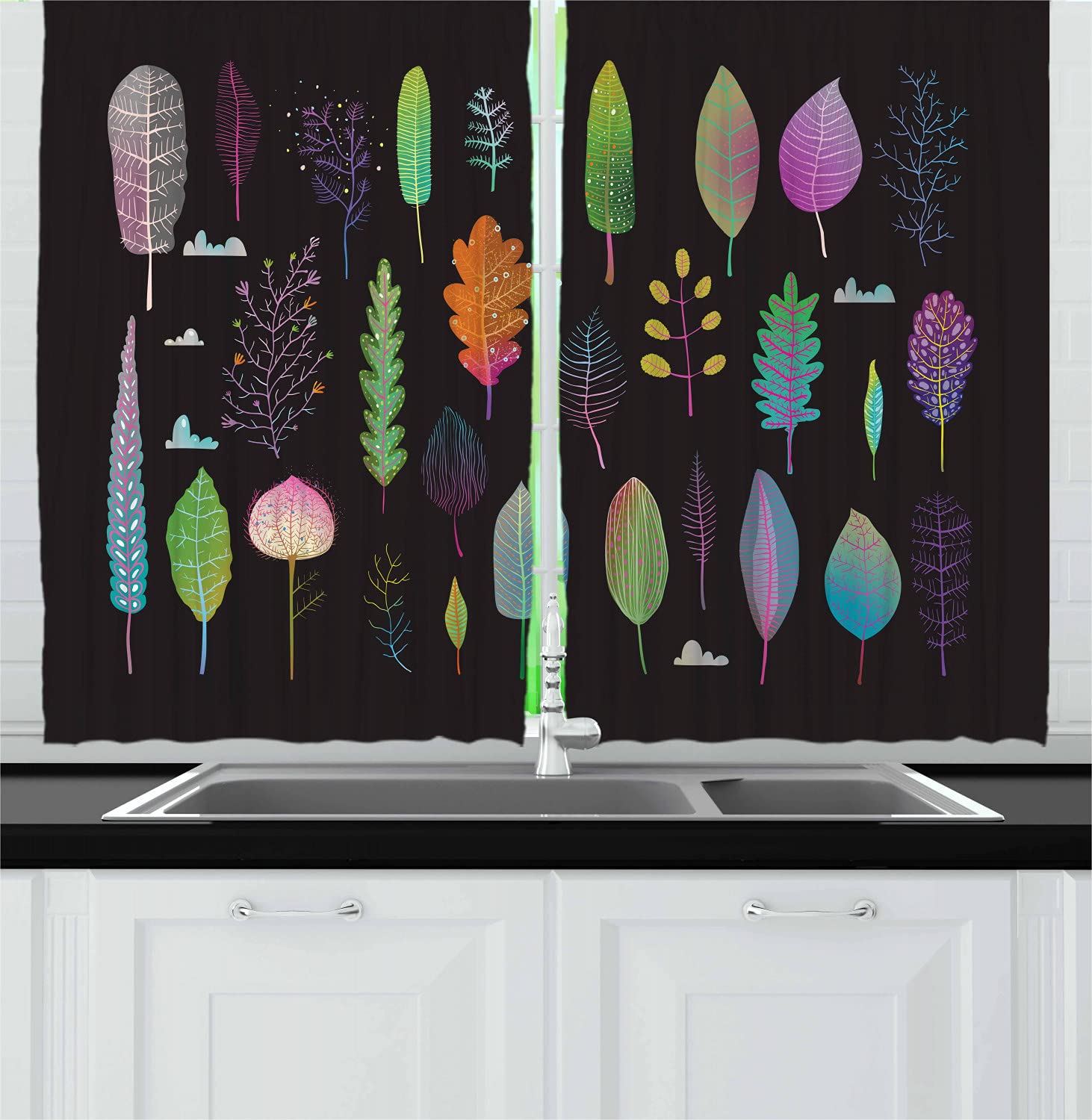 Ambesonne Nature Kitchen Curtains - Forest Theme with Seasonal Tree Ecosystem Colorful Illustration | 2-Panel Window Drapes for Kitchen & Cafe Decor (55