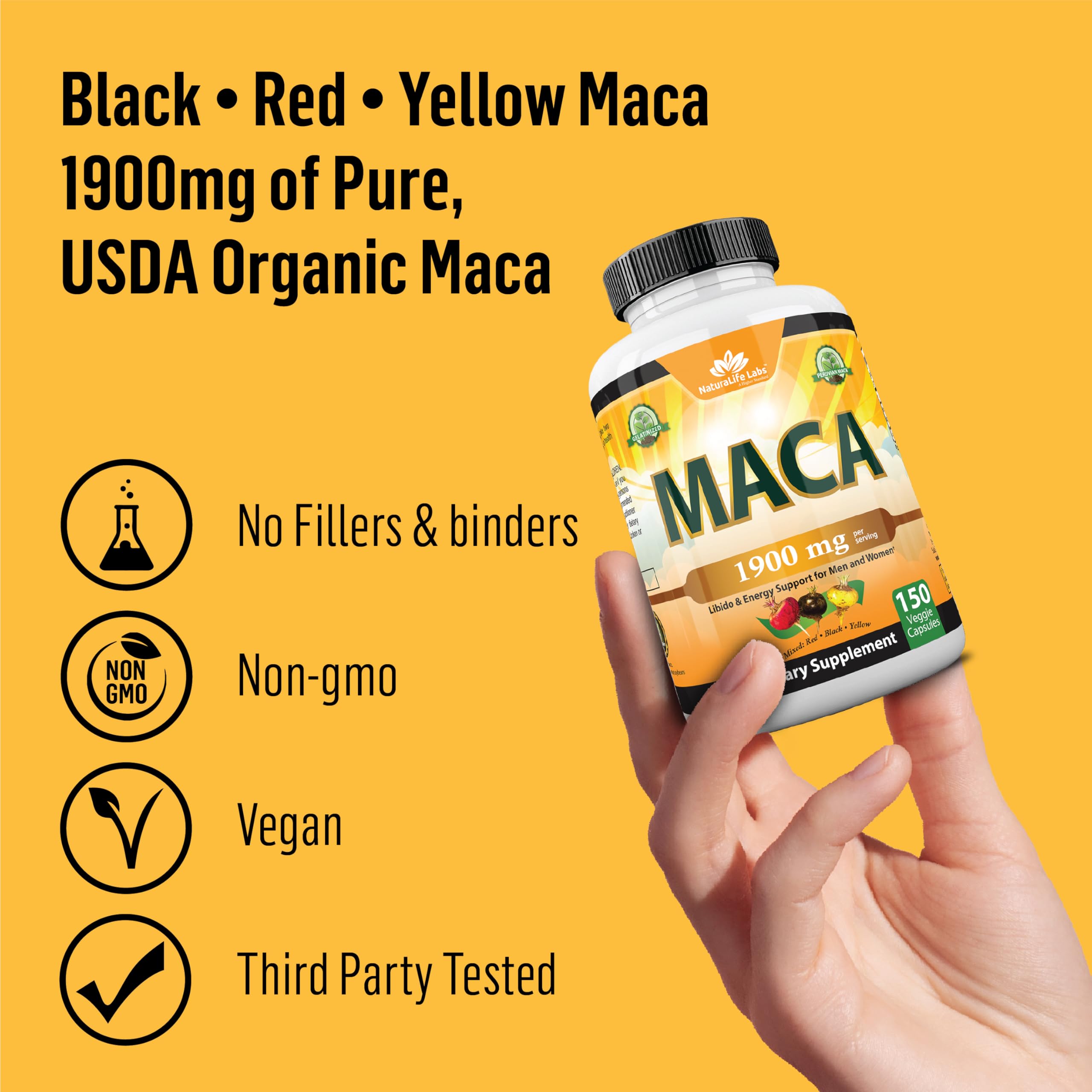 Organic Maca Root Powder Capsules 1900mg - Black, Red & Yellow Peruvian Maca (150 Vegan Caps) | Non-GMO, Gelatinized for Better Absorption | Supports Energy, Stamina & Reproductive Health | Perfect for Smoothies, Workouts & Daily Wellness