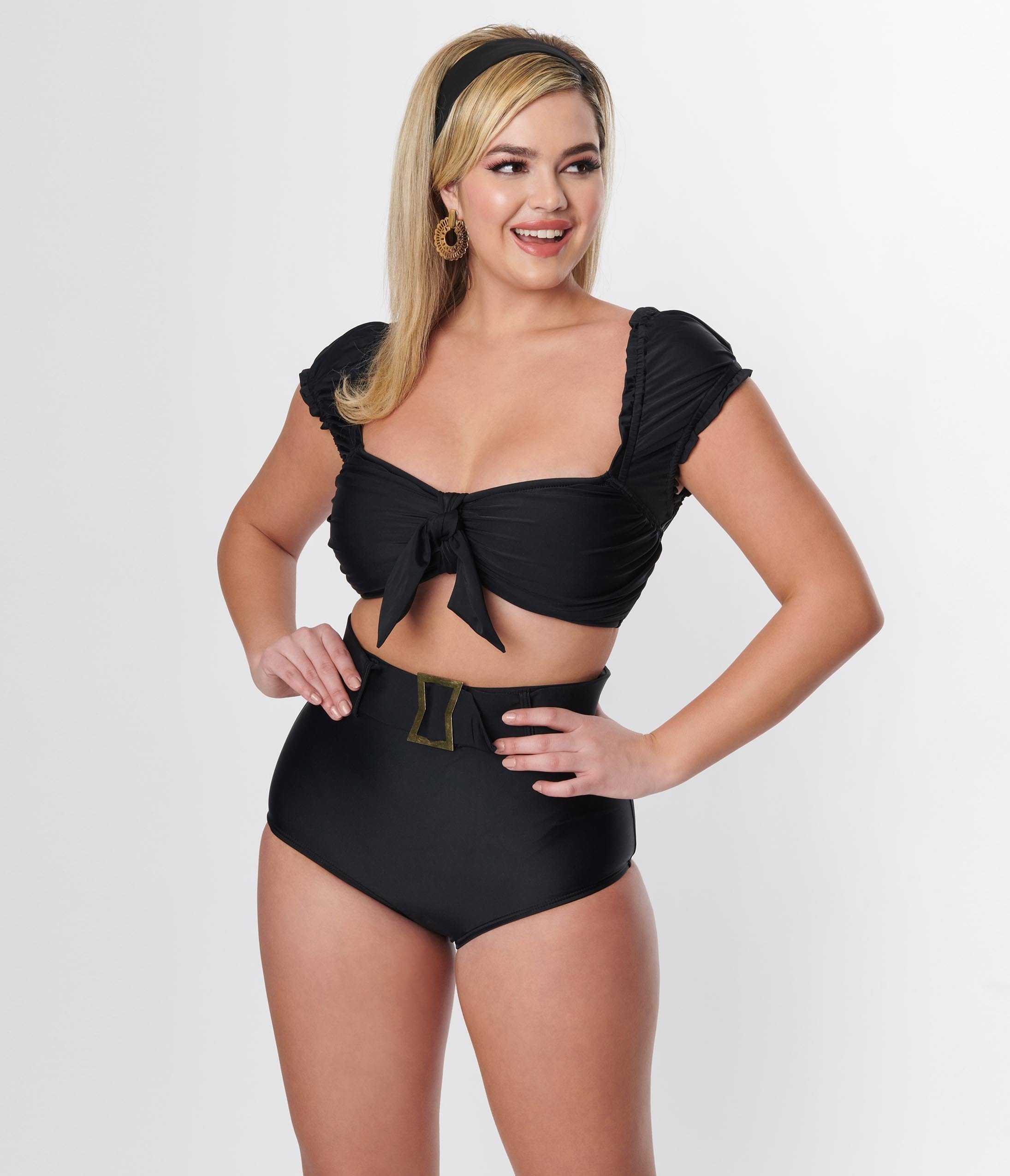 Vintage Black Shirred Bow Bandeau Swim Top - Retro High Waisted Bathing Suit for Women, Beach Vacation & Pool Party Swimwear