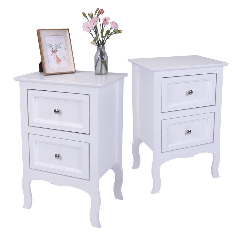 2-Piece White Wooden Nightstand Set with 2 Drawers - Bedside Table, Sofa Side Table for Bedroom & Living Room - Perfect as Lamp Table, Accent Furniture for Home Decor