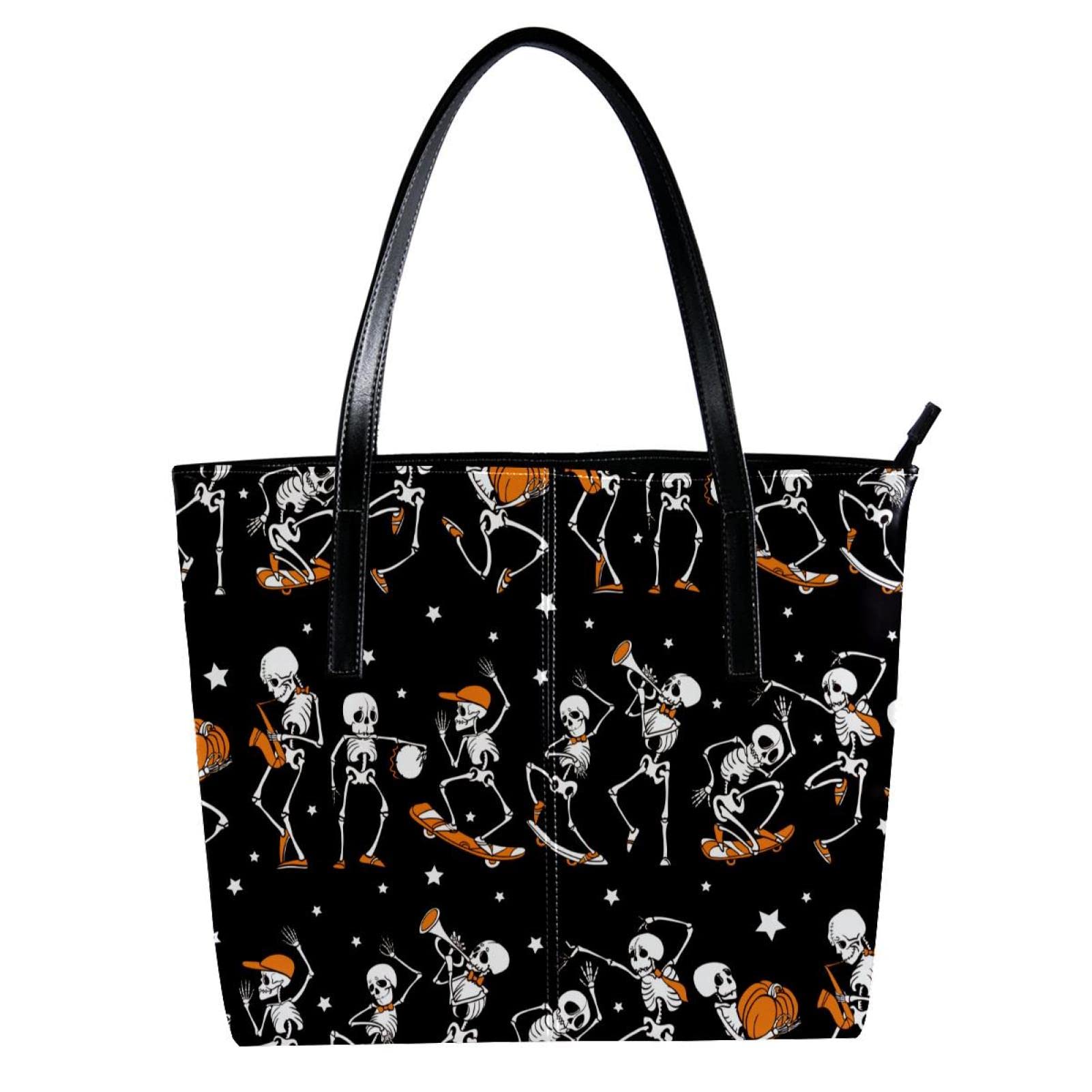 Stylish Black & White Japanese Skull Print Leather Tote Bag for Women - Large Capacity Shoulder Purse for School, Work & Travel | Trendy Gothic Fashion Accessory