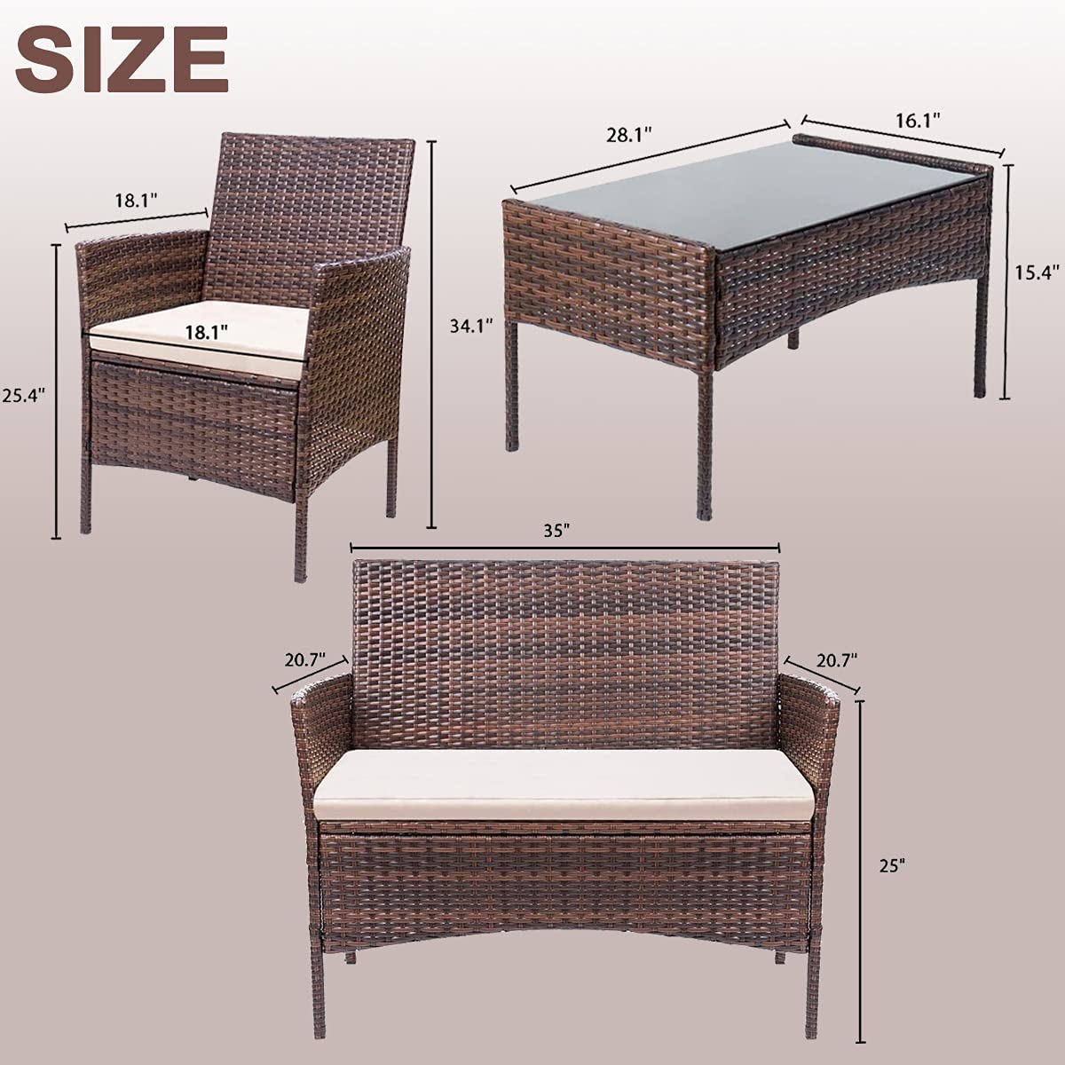 VANCIKI 4-Piece Outdoor Patio Furniture Set - Rattan Wicker Chairs & Table with Beige Cushions for Porch, Backyard, Garden - Black-Brown Conversation Set - Perfect for Relaxing, Entertaining & Outdoor Dining