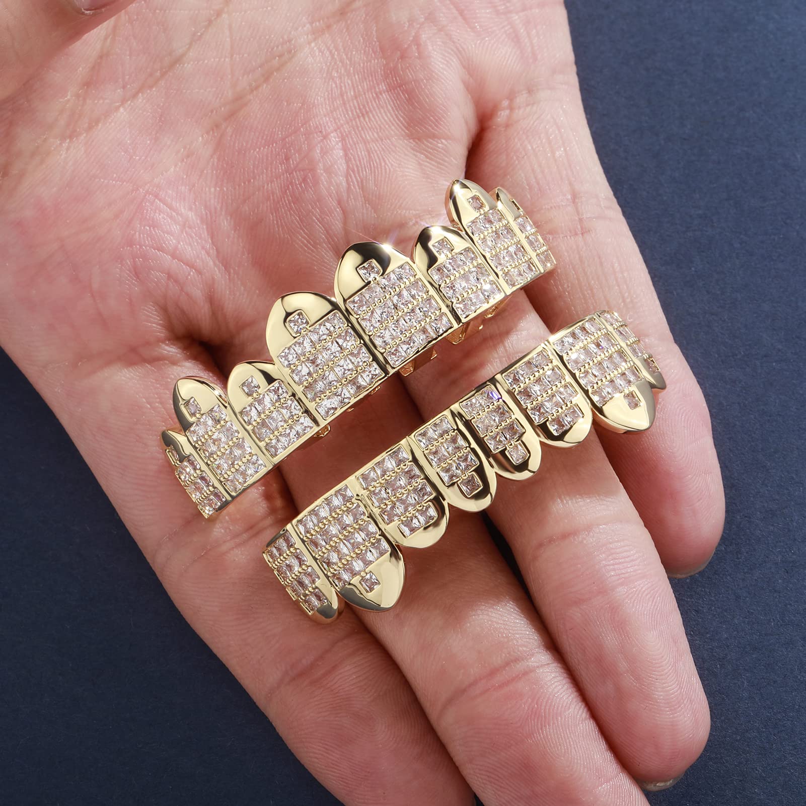 14K Gold Plated Hip Hop Grillz for Teeth - Princess Cut Diamond & Cubic Zirconia Iced Out Mouth Grill for Men & Women (8 Top & 8 Bottom Teeth) with Extra Molding Bars - Perfect for Rap Performances, Music Videos, and Streetwear Fashion