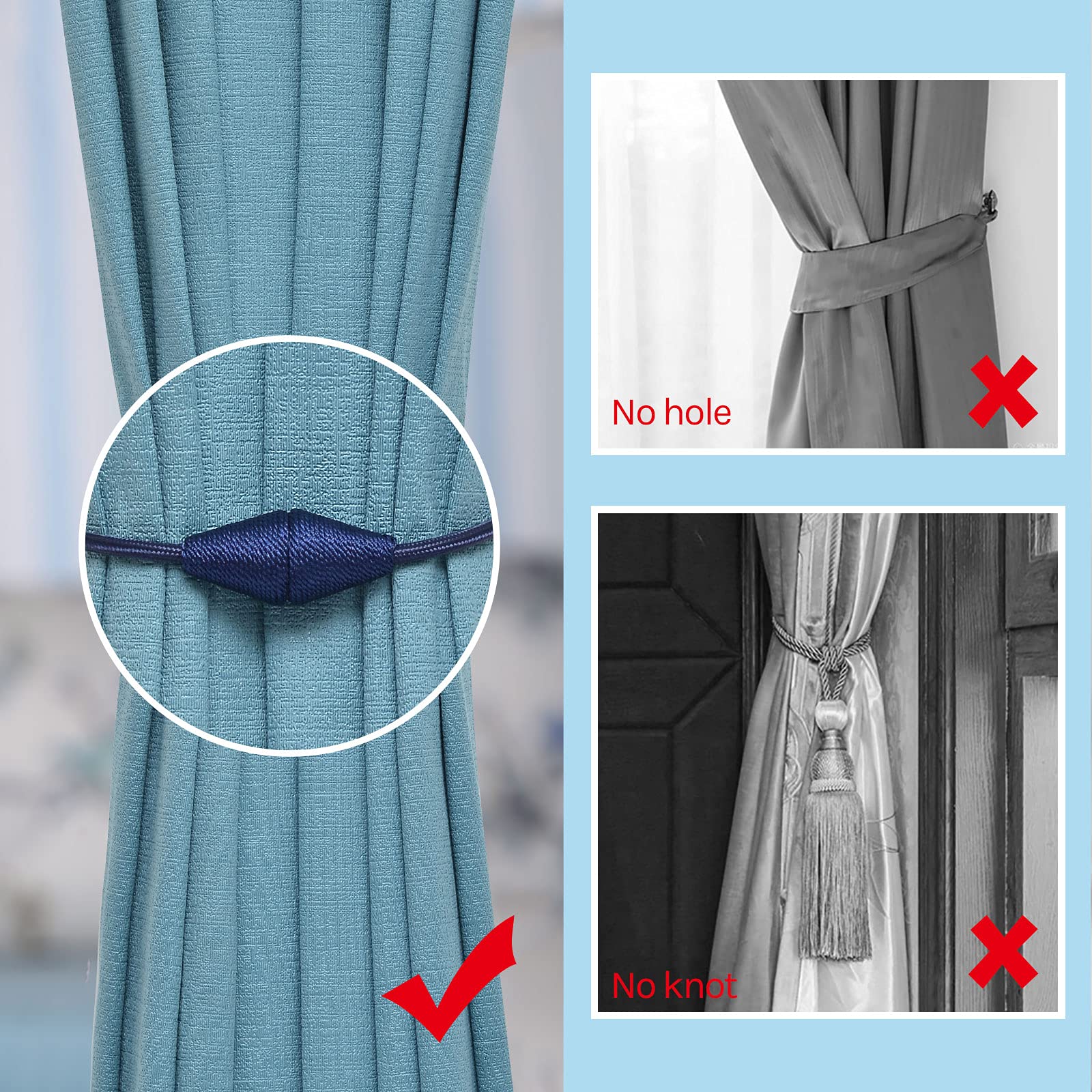 Upgraded Magnetic Curtain Tiebacks 4-Pack - 16 Inch Handwoven Rope Drapery Holdbacks for Windows, Dark Blue | Decorative Cone Design for Home & Office Drapes | Perfect for Living Rooms, Bedrooms & Office Spaces