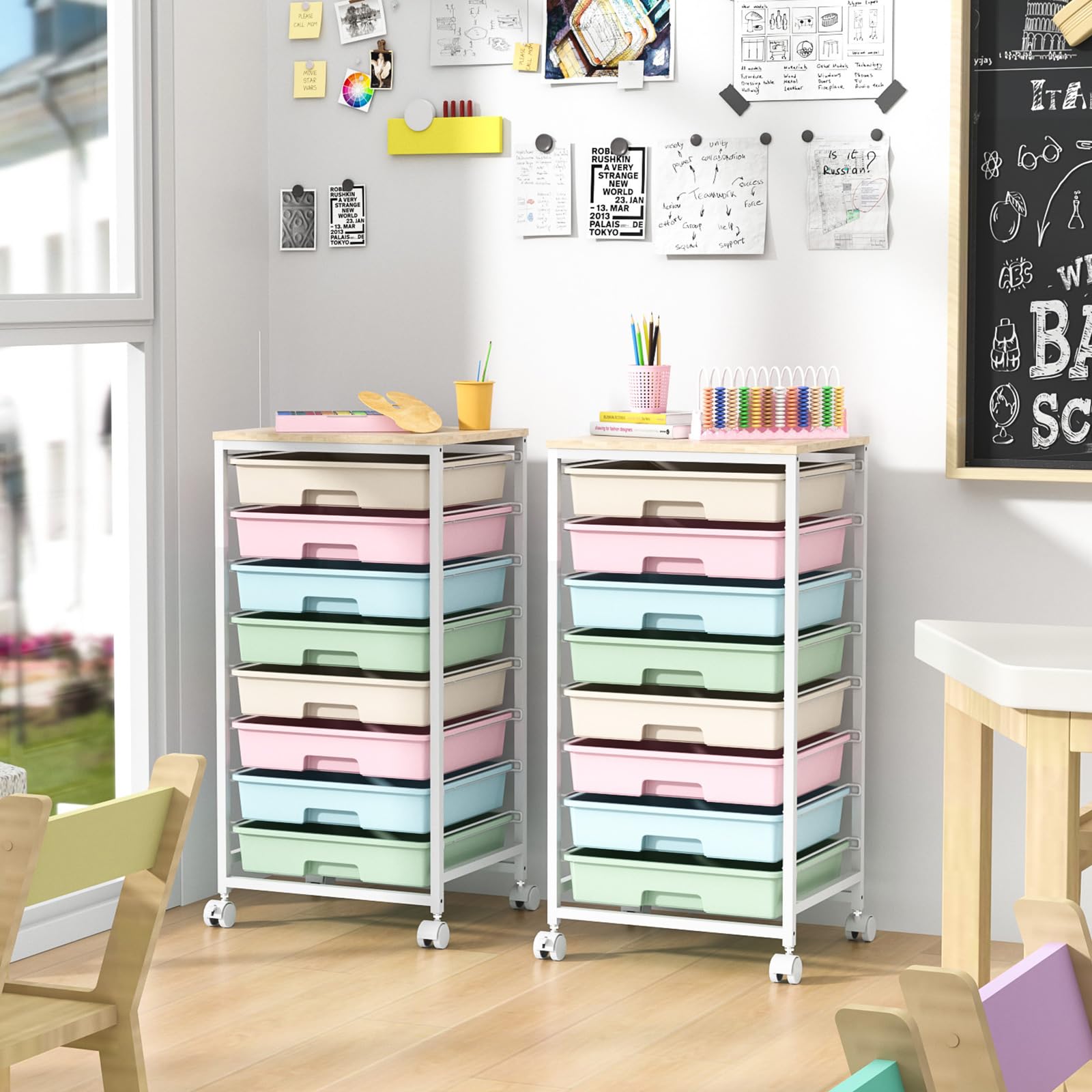 8-Drawer Rolling Storage Cart with Wooden Tabletop - Mobile Utility Cart for Living Room, Bedroom, Office, Classroom & Dorm Organization - Perfect for Home, School & Office Storage Needs