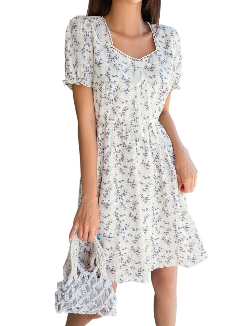 2022 Women's Summer Dresses - Floral Print Sweetheart Neckline, Tie Front & Puff Sleeve Casual Dress | Perfect for Beach Vacations, Date Nights & Summer Parties