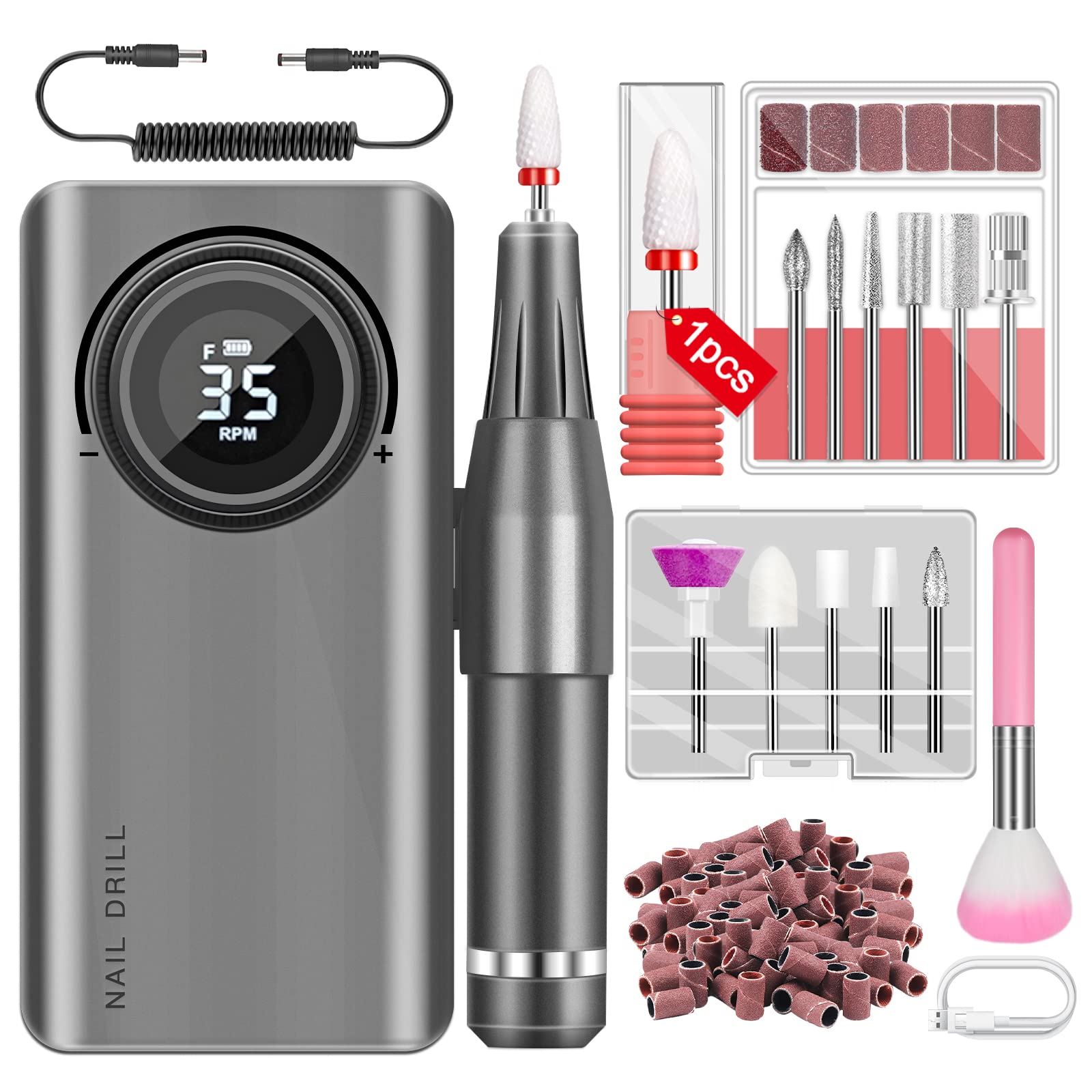 Saviland Rechargeable 35000RPM Professional Nail Drill Machine Kit - Portable Electric Nail File with 12 Drill Bits for Acrylic Nails, Gel Polish, Manicure & Pedicure - Perfect for Home Salon, DIY Nail Care & Professional Use