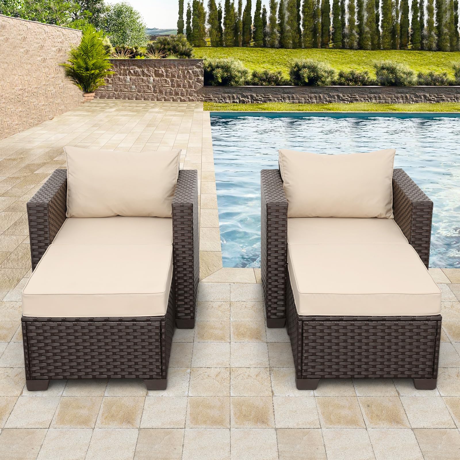 Rattan Wicker Patio Furniture Set 4-Piece Outdoor Conversation Set with Chairs, Ottoman Footrest, Non-Slip Cushions & Waterproof Covers - Khaki - Perfect for Backyard, Garden, Poolside & Patio Relaxation