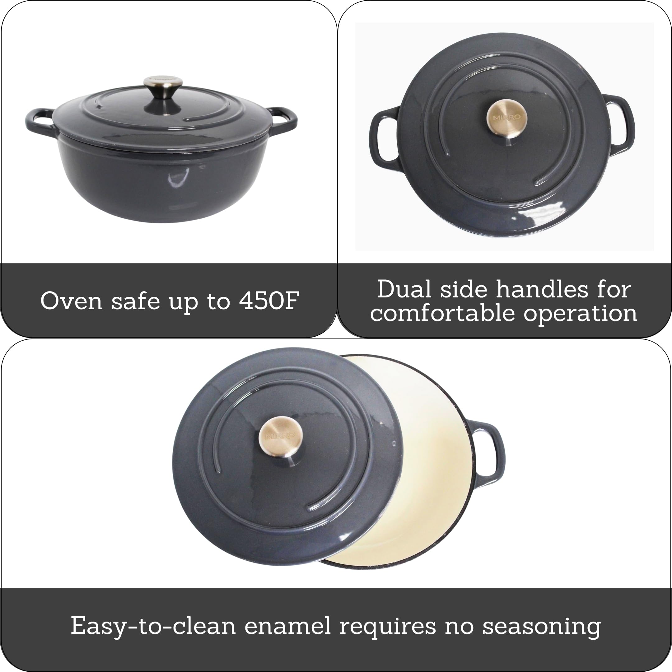 MIRRO 4.8 Quart Enameled Cast Iron Dutch Oven - Gray - Perfect for Baking, Braising, Roasting & Slow Cooking Soups, Stews & Bread
