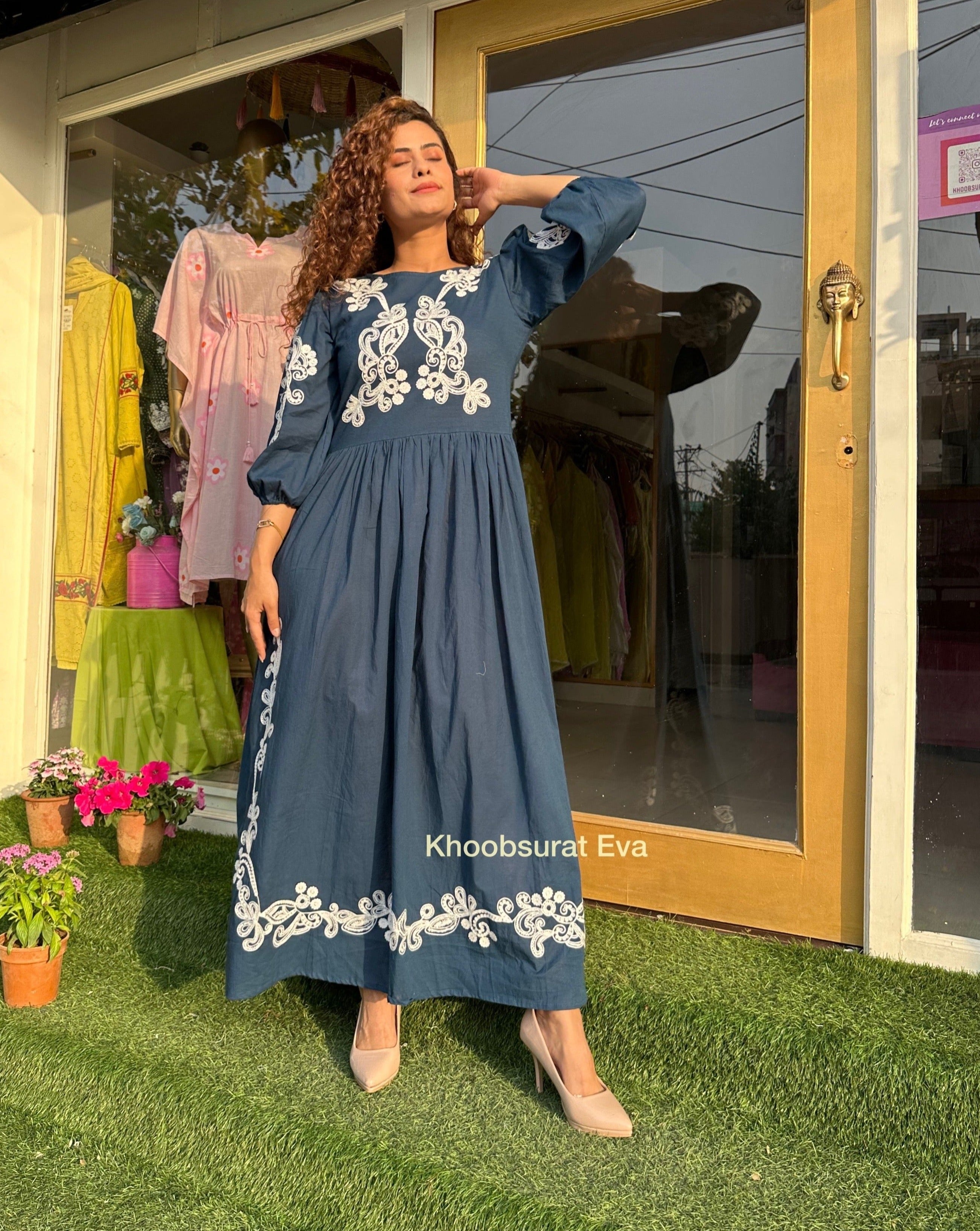 Women's Cotton Bloom Blue Maxi Dress - Flowy Summer Beach Dress for Vacation, Party & Casual Wear