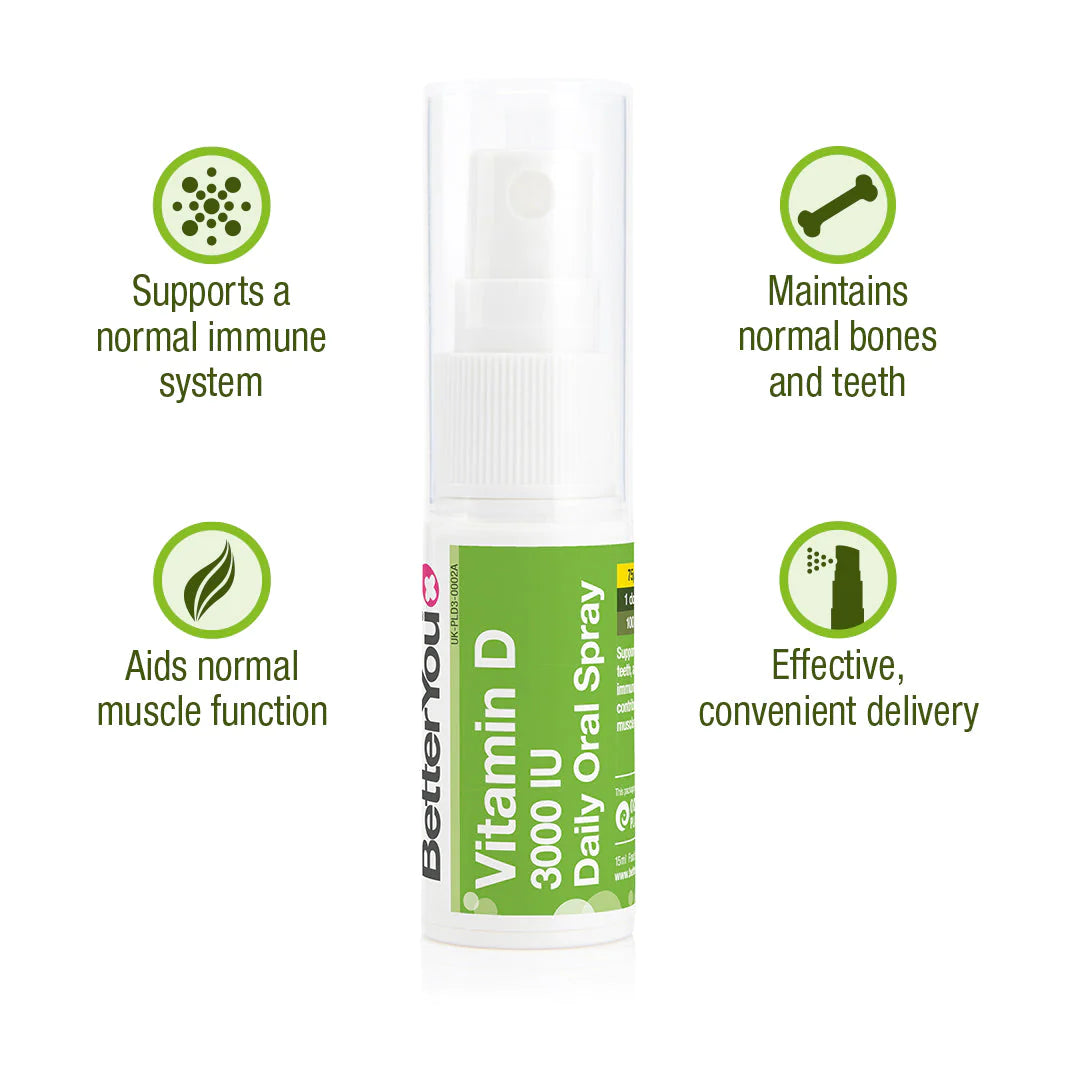 BetterYou DLux 3000iu Vitamin D3 Oral Spray - 15ml Liquid Supplement for Immune Support & Bone Health - Easy to Use Vitamin D Spray for Adults & Kids - Perfect for Home, Office & Travel