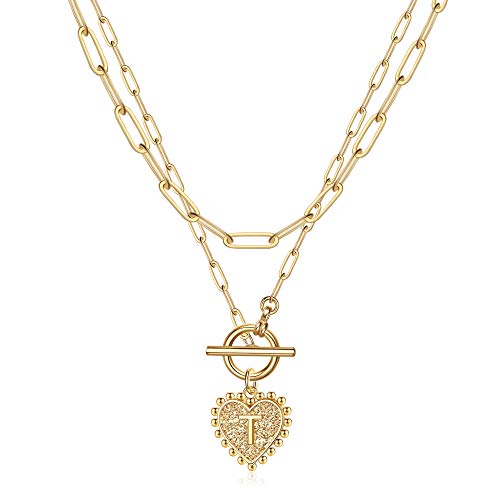 14K Gold Plated Layered Initial Necklace for Women - Heart Letter Pendant Paperclip Chain with Toggle Clasp | Elegant Layering Jewelry for Everyday Wear, Date Nights & Special Occasions