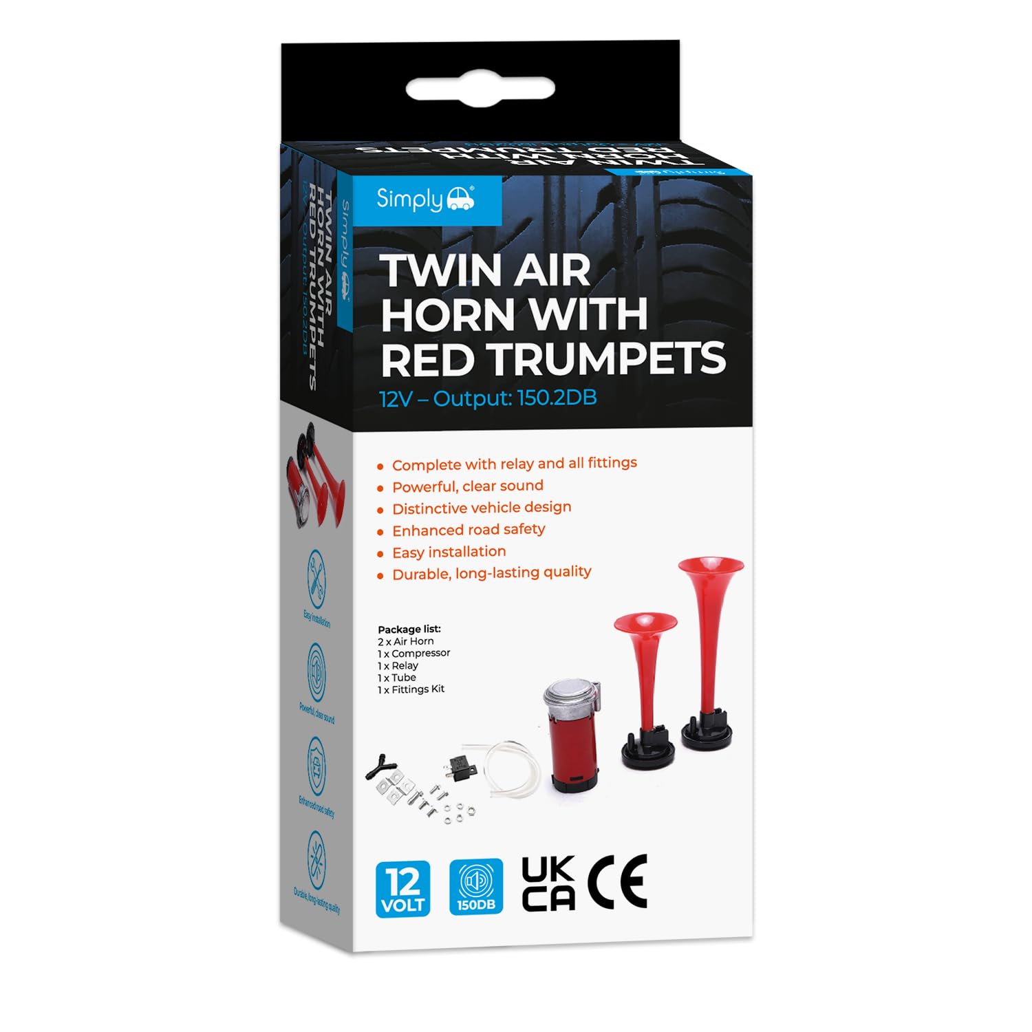 Loud Twin Air Horn with Red Trumpets - Perfect for Trucks, Boats & Emergency Vehicles - Great for Safety Alerts & Sporting Events