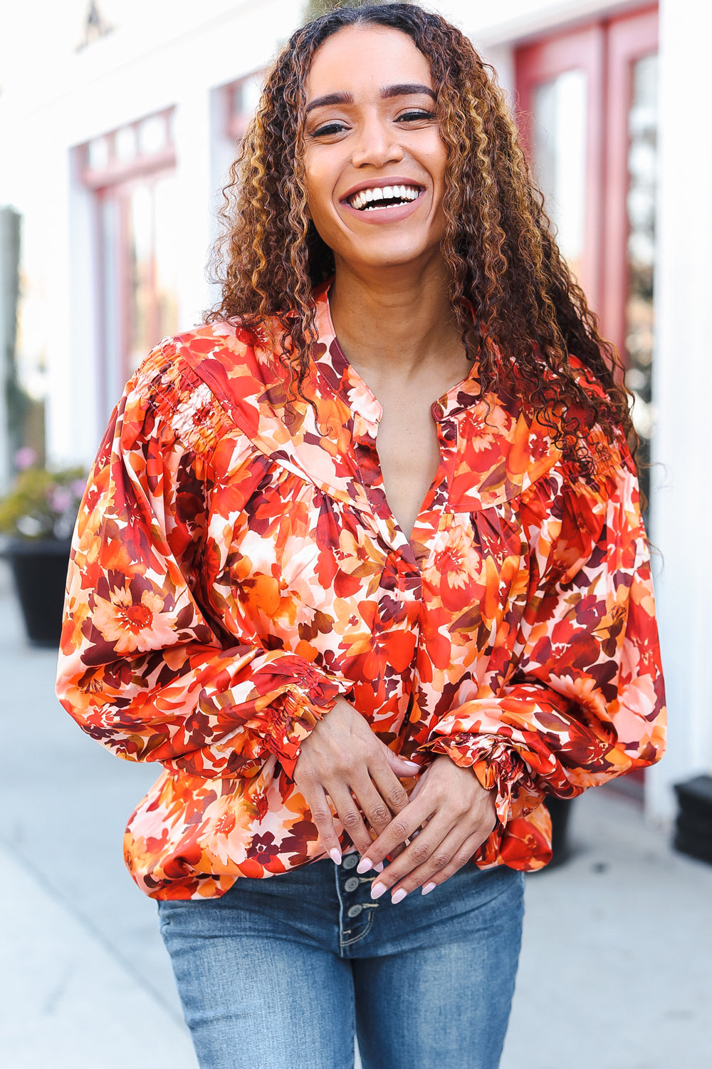 Fall Vibes Rust Floral Print Notched Neck Smocked Satin Blouse - Elegant Women's Tops for Autumn Outfits, Date Nights & Office Wear