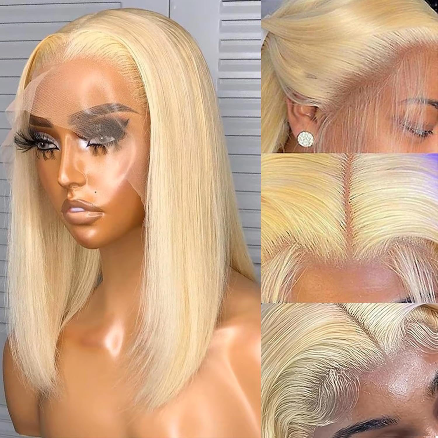 613 Blonde Bob Wigs Human Hair Straight 13x4 Lace Front 180% Density HD Transparent Lace Frontal Bob Wig Brazilian Remy Hair 14inch for Women - Pre Plucked With Baby Hair, Heat Resistant & Take Color Well - Perfect for Cosplay, Daily Wear & Special Occasions