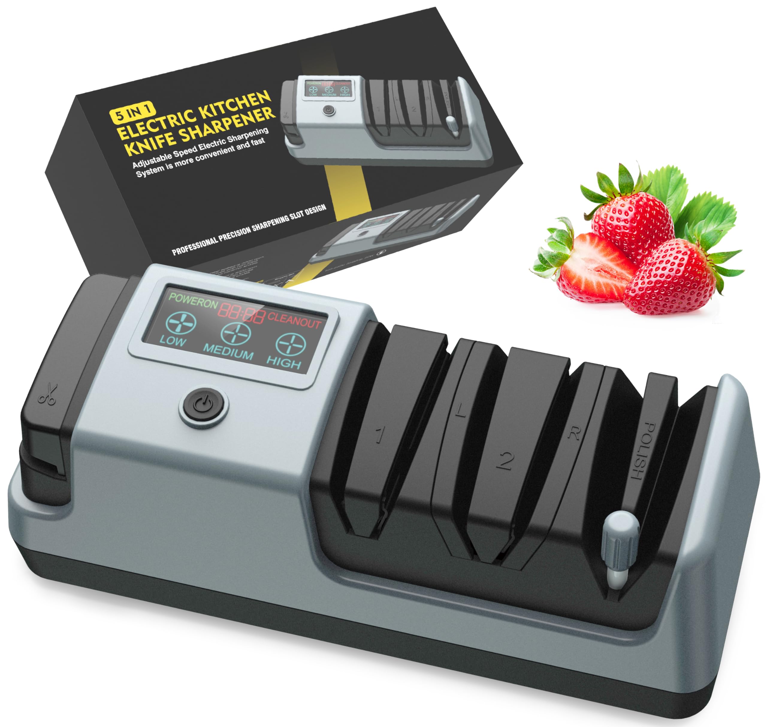 5-in-1 Electric Knife Sharpener with 3 Adjustable Speeds - Professional Knife Sharpening System for Straight, Serrated, Cleaver, Ceramic Knives & Scissors - Perfect for Kitchen, Camping, Hunting & Home Use
