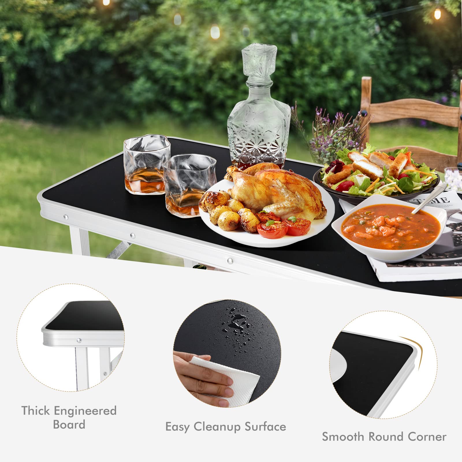 COSTWAY Folding Camping Table - Portable Aluminum Picnic Table with Carry Bag & 2 Shelves - Lightweight Outdoor Dining Table for BBQ, Party, Backyard, Beach, Tailgating & RV Camping (Black)