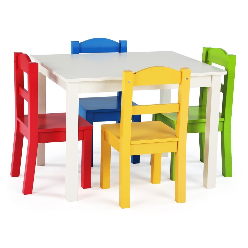 Humble Crew Kids Wooden Table and 4 Chairs Set, White/Primary - Sturdy Toddler Activity Table for Arts, Crafts, Snack Time & Learning - Durable Children's Furniture for Playroom, Classroom & Home Use