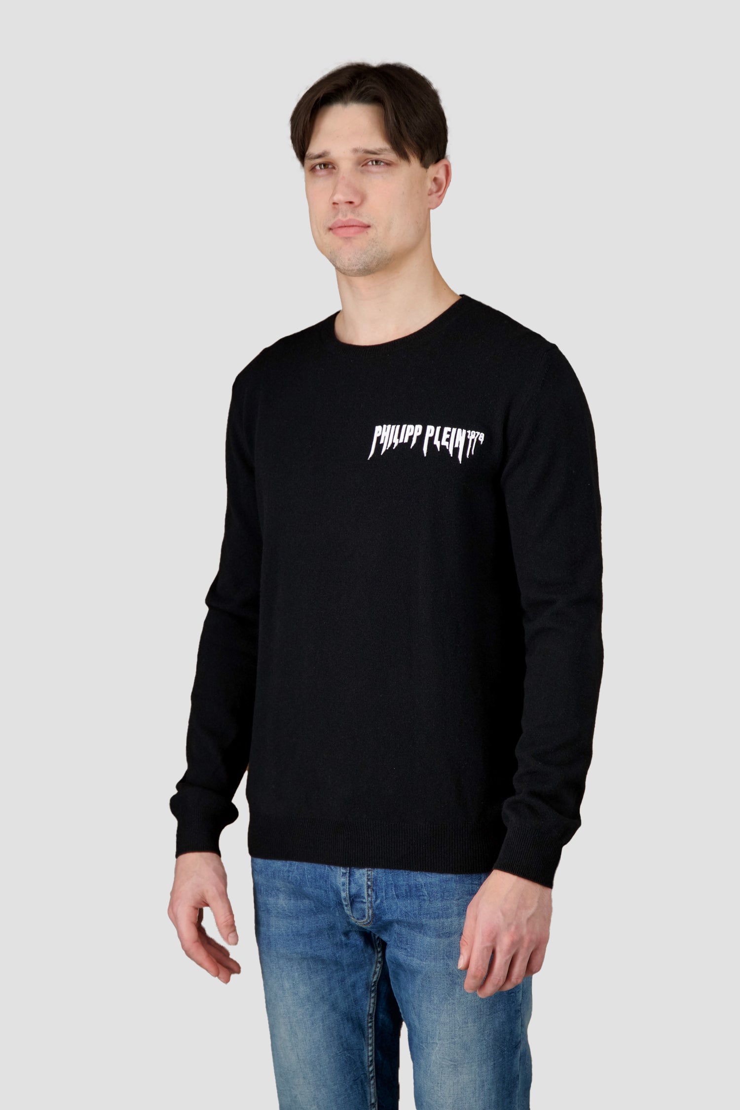 Philipp Plein Black Round Neck Long Sleeve Pullover Sweater for Men | Stylish Casual Winter Wear for Office & Outings