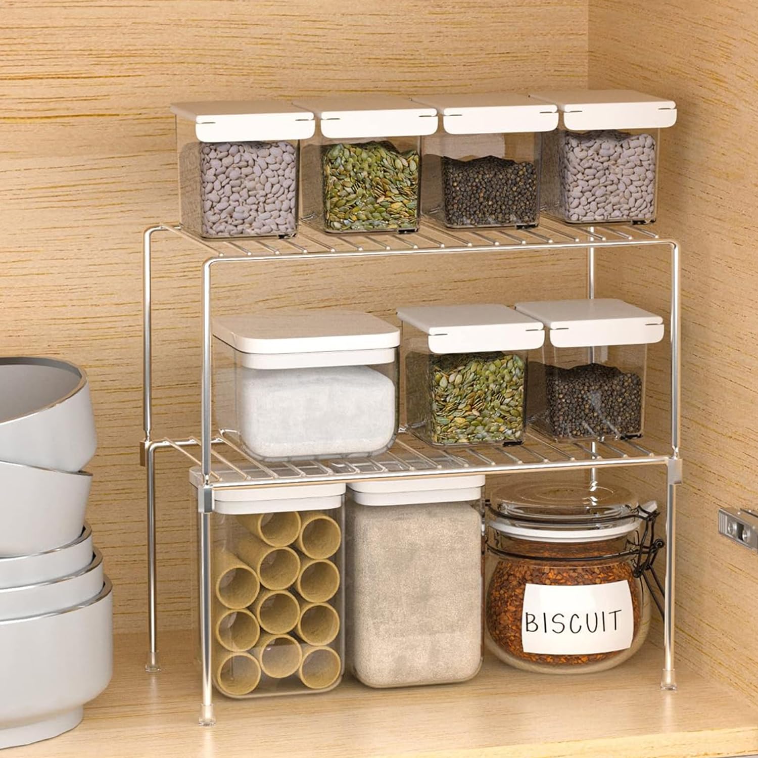 Redrubbit 4-Pack Stackable Cabinet Organizer Shelf (10.6 x 5.5 Inch) - Rustproof Chrome Kitchen Storage Rack for Counter, Fridge, Bathroom & Cabinet - Space-Saving Solution for Small Kitchen Appliances, Spices & Bathroom Essentials