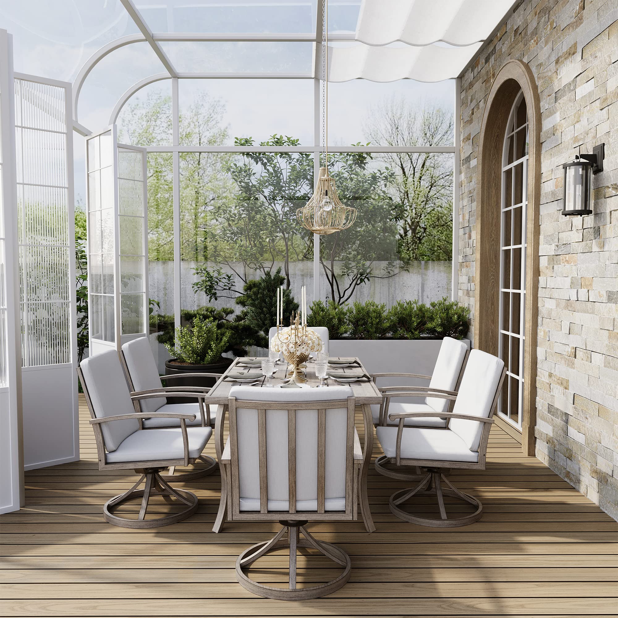 HAPPATIO 7-Piece Outdoor Dining Set with Swivel Chairs - Aluminum Patio Furniture Set for 6 with Washable Cushions & Durable Table - Perfect for Backyard, Garden, Poolside & Outdoor Entertaining (Gray)