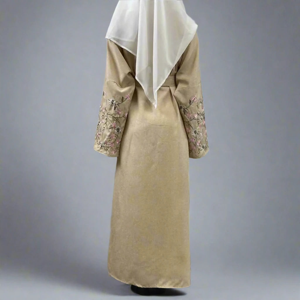 Floral Embroidery Sleeve Open Abaya Dress - Elegant Muslim Women's Kaftan for Prayer, Wedding & Special Occasions