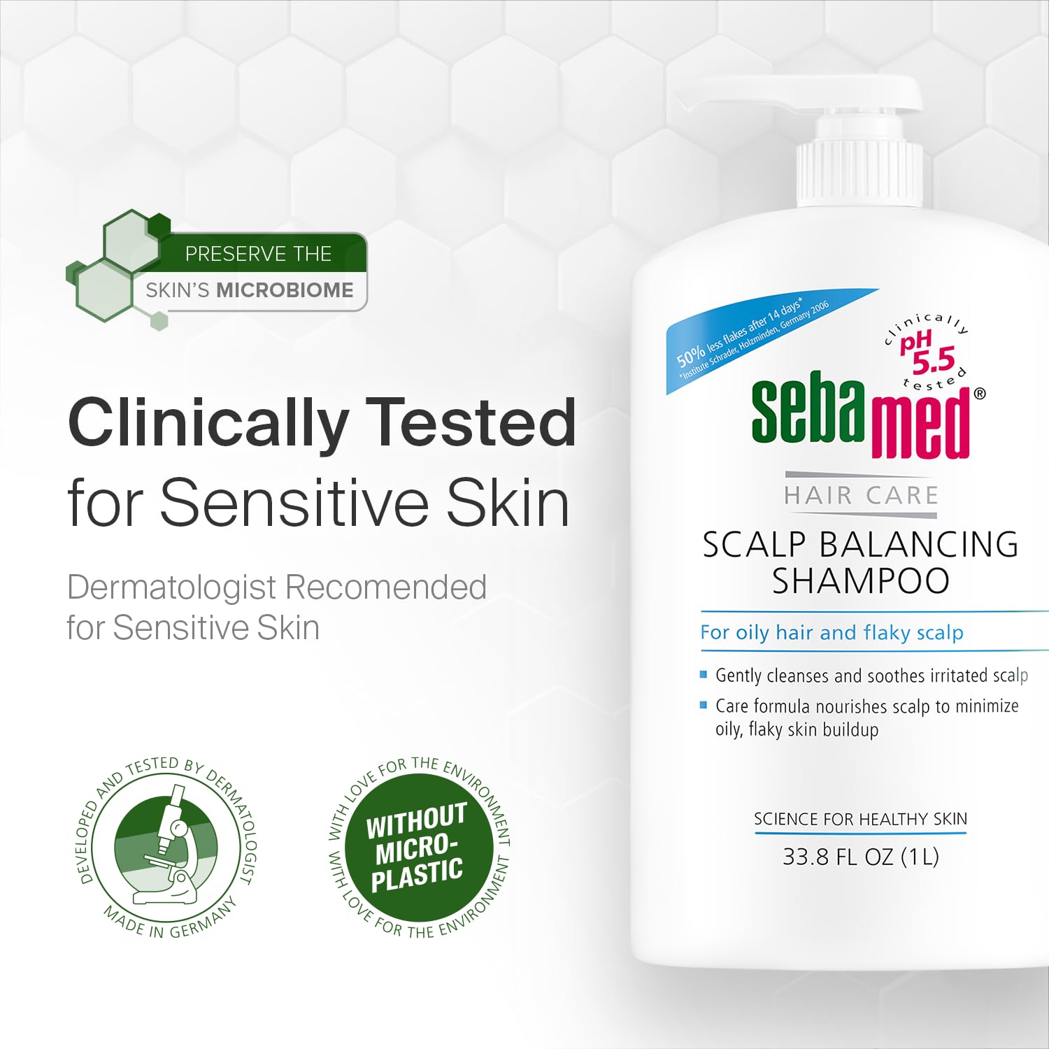 Sebamed Scalp Balancing Shampoo for Oily Hair & Dandruff Control - Gentle pH 5.5 Formula for Flaky Scalp Relief - 33.8 fl oz (1 Liter with Pump) Pack of 2 - Ideal for Daily Hair Care & Sensitive Scalp Treatment
