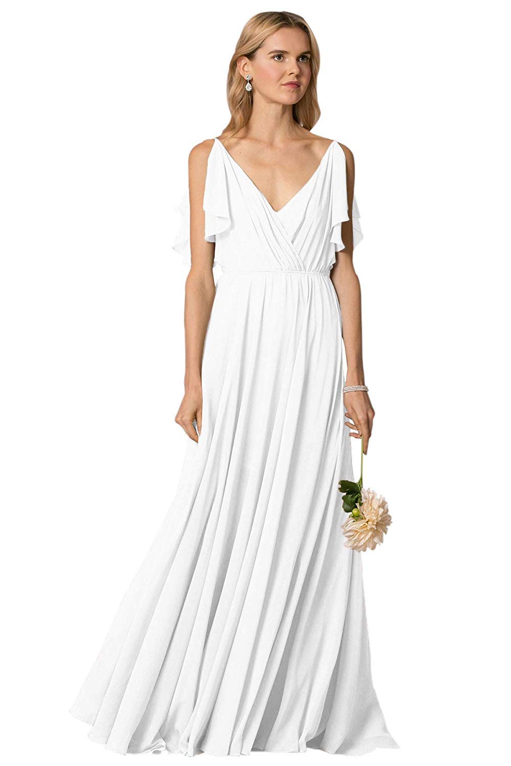 Elegant Long Ruffles Chiffon Bridesmaid Dresses V-Neck Straps Blush Pink Wedding Party Gowns - Perfect for Bridal Showers, Formal Events & Evening Occasions