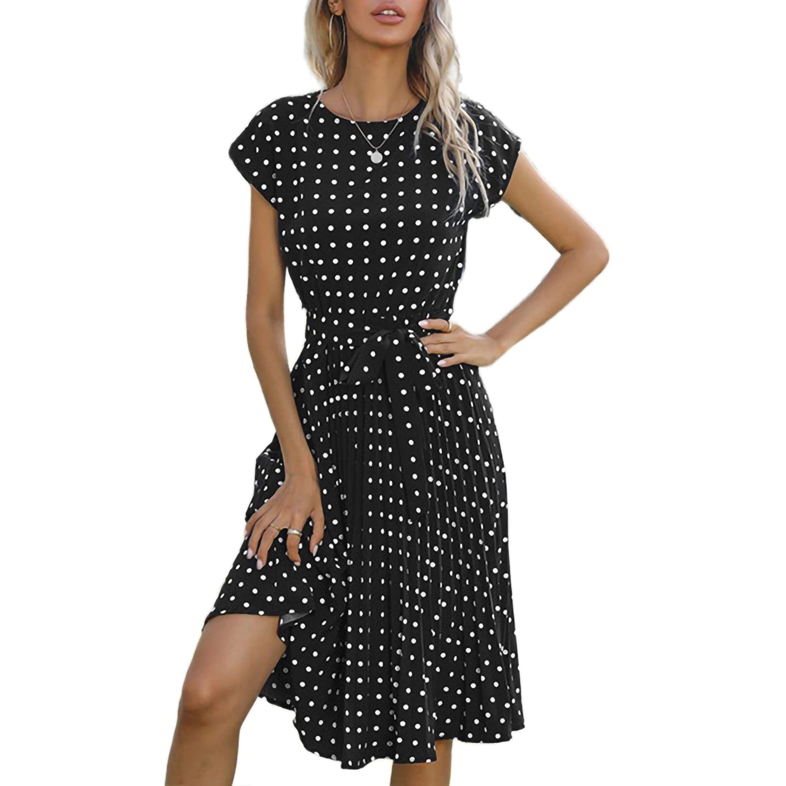 Polka Dot Midi Dress for Women - Summer Short Sleeve Tie Waist Boho Swing Dress with Ruffles & Belt | Perfect for Beach Vacations, Date Nights & Casual Outings