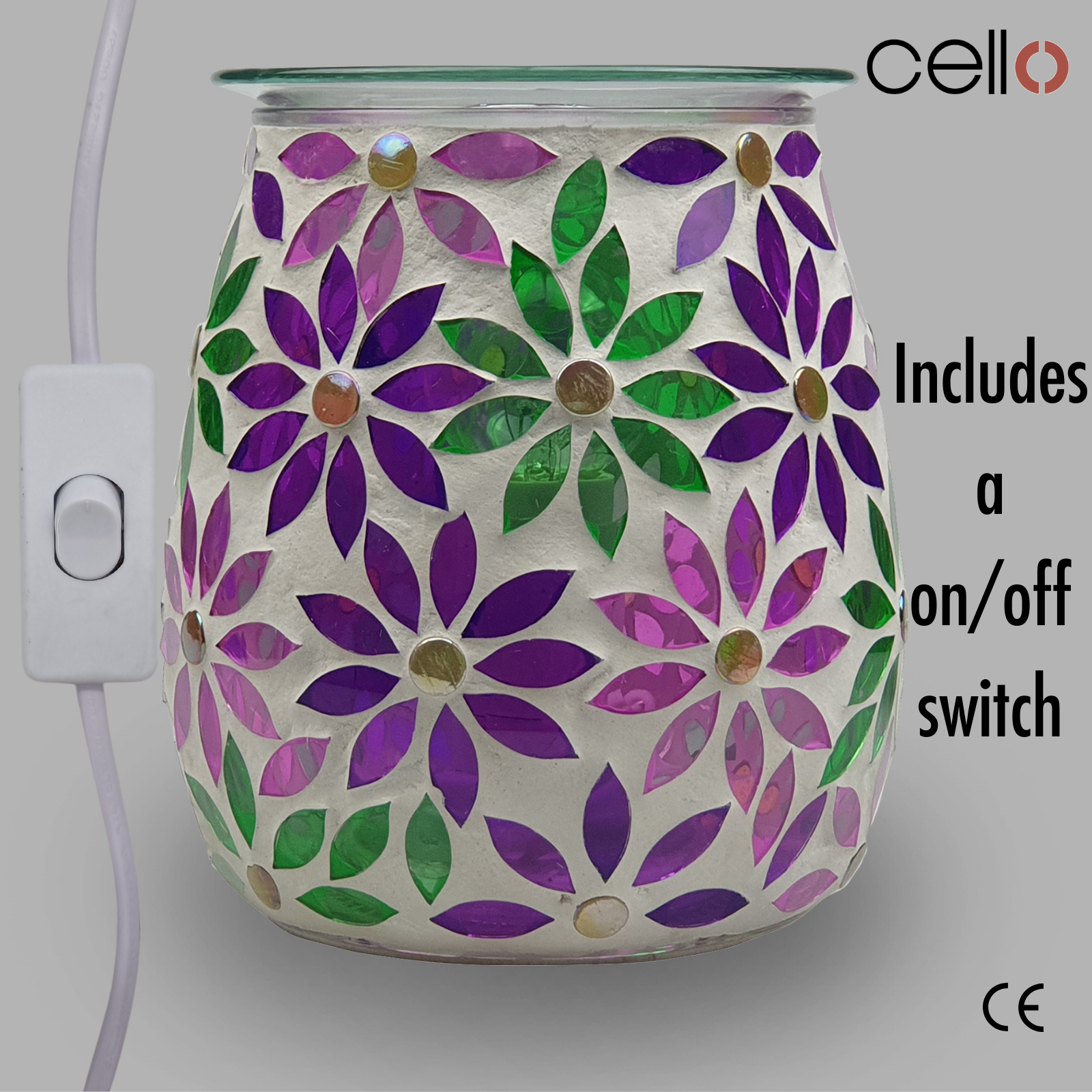 Premium Cello Electric Wax Warmer with Mosaic Glass Design - Pretty Petals Scented Wax Melter for Home, Office & Spa Relaxation