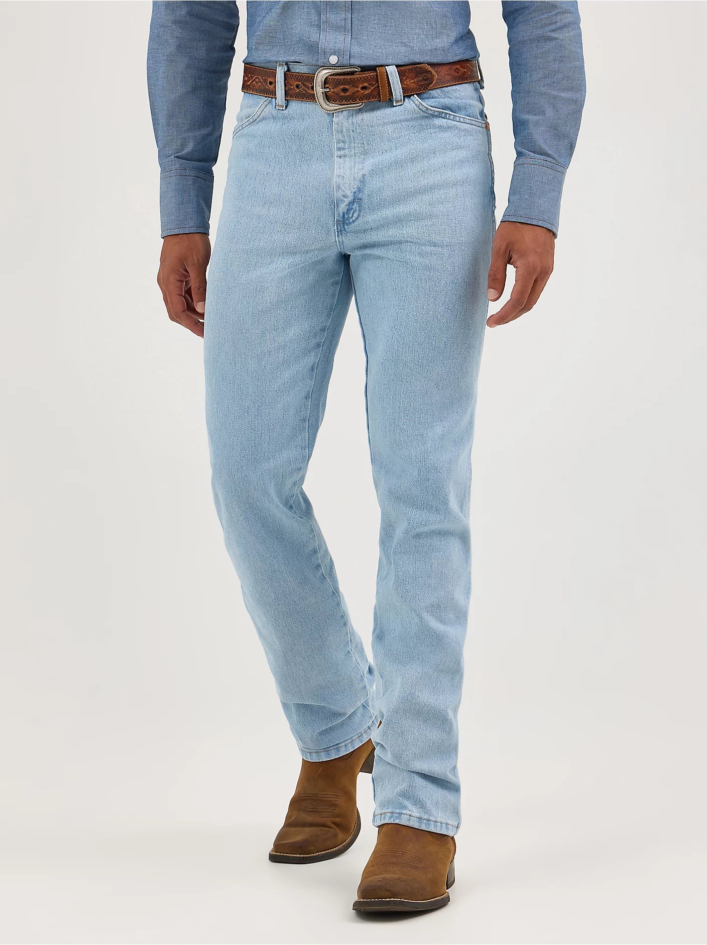 Wrangler® Cowboy Cut® Slim Fit Light Wash Jeans for Men - Comfortable Denim Pants for Riding, Work & Casual Wear